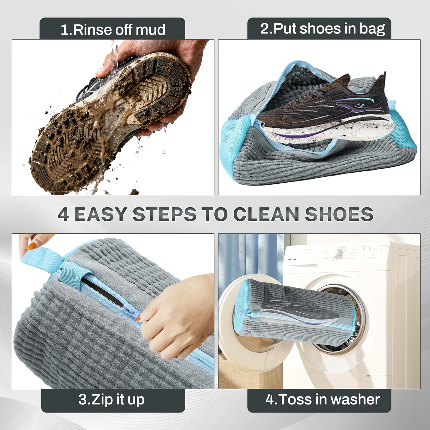 Shoe Washing Machine Bag, 2PCS Reusable Shoe Bag for Washing Machine, 360° Deep Cleaning Shoe Washing Bag for Sneakers, Laundry Shoe Bag for Washer & Dryer, Fits All Shoe Types (grey) - Image 5