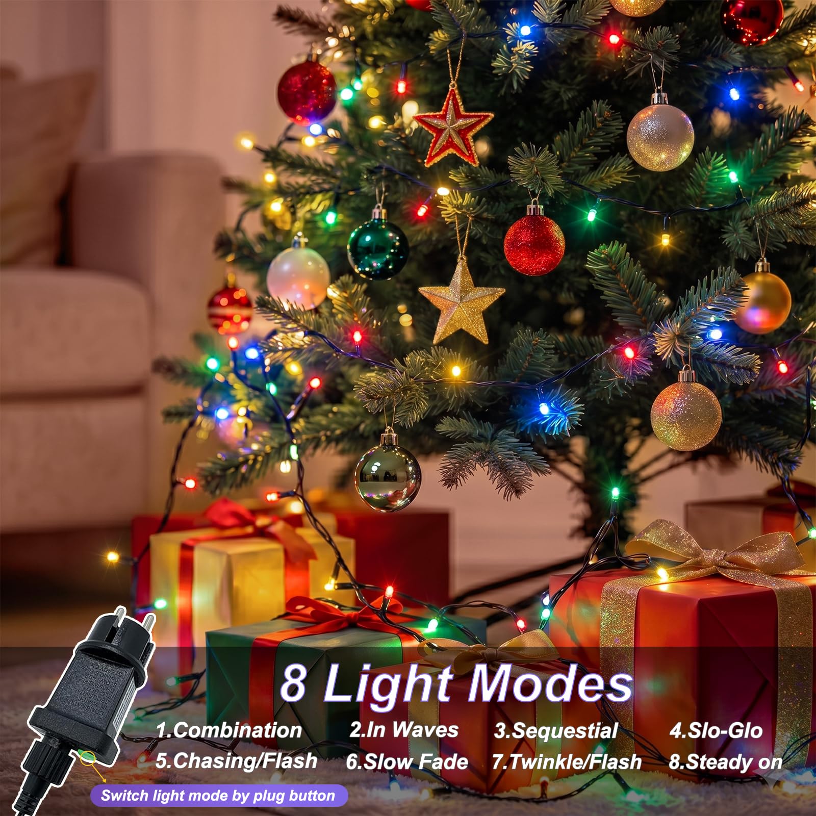 Guirlande Lumineuse Exterieure Intérieur 100m/1000LEDs Guirlande Lumineuse Sapin en 8 Mode, Étanche IP44, Minuterie, Fonction Mémoire, Deco Noel Exterieur pour Chambre, Mariage, Multicolore