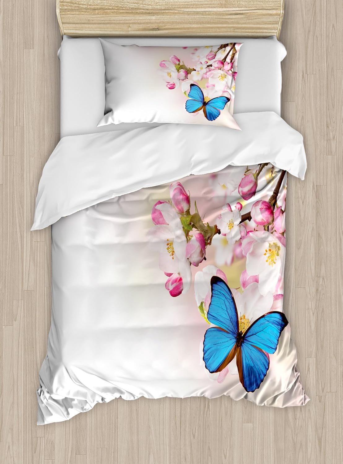 Ambesonne Butterfly Duvet Cover Set, Blue Butterfly on Spring Cherry Japanese Flowers White Orchard Nature Theme, Decorative 2 Piece Bedding Set with 1 Pillow Sham, Twin Size, Pink Blue Twin Pink Blue