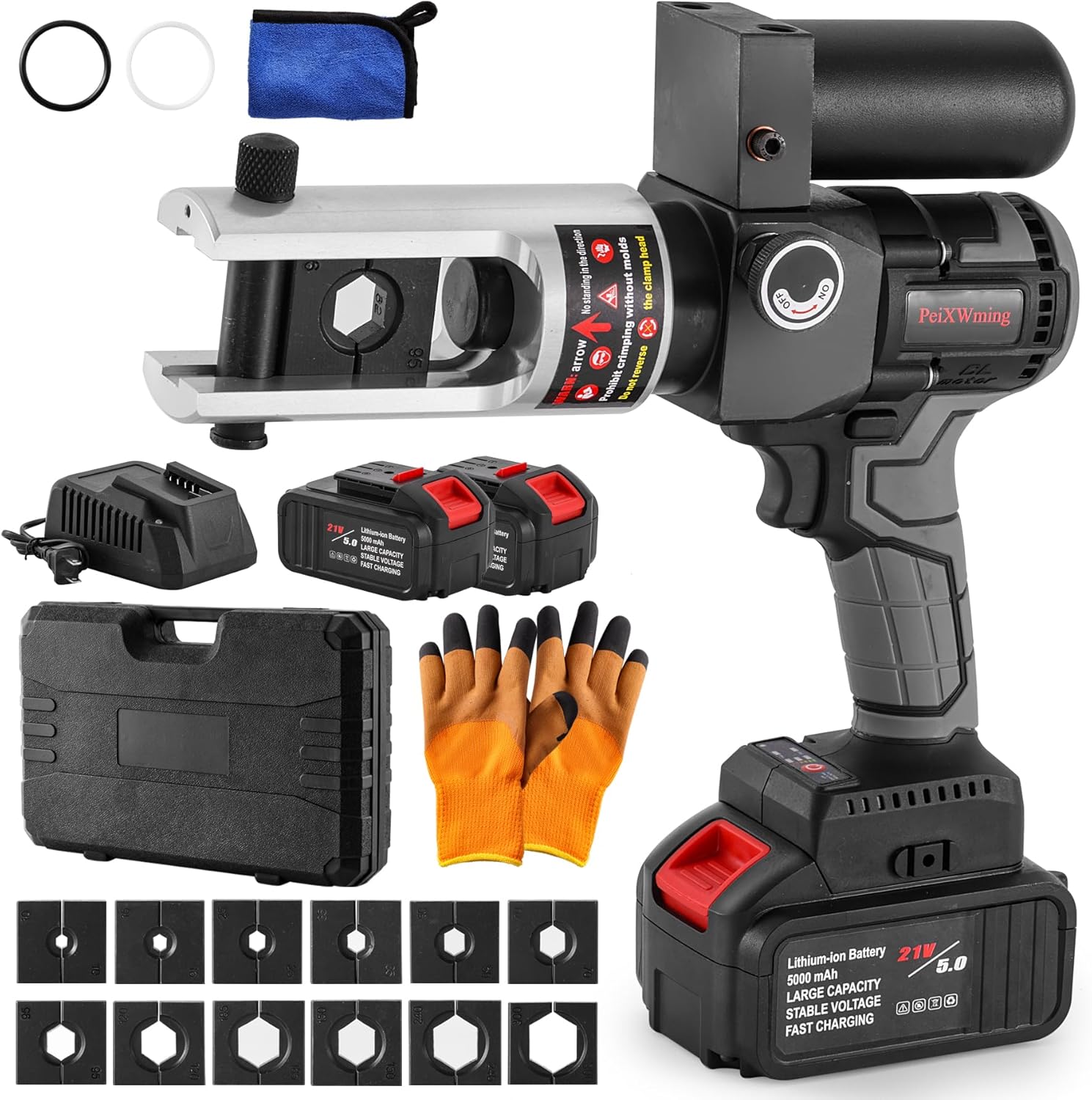 Electric Hydraulic Cable Lug Crimping Tool - 90KN 12 Dies (8 AWG to 600 MCM), Handheld Battery Cable Lug Crimper Kits with 2 Large-Capacity Lithium Battery 21V/5.0Ah, Rechargeable Portable Crimper