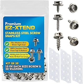 EZ-Xtend Stainless Steel Screws Marine Grade KIT Boat Cover Snaps. Premium Snap Button Kit Includes 3 Sizes of Screw in Snap Fasteners and 30 Flexible Clear PVC Vinyl Backing Washers Fastener Hardware