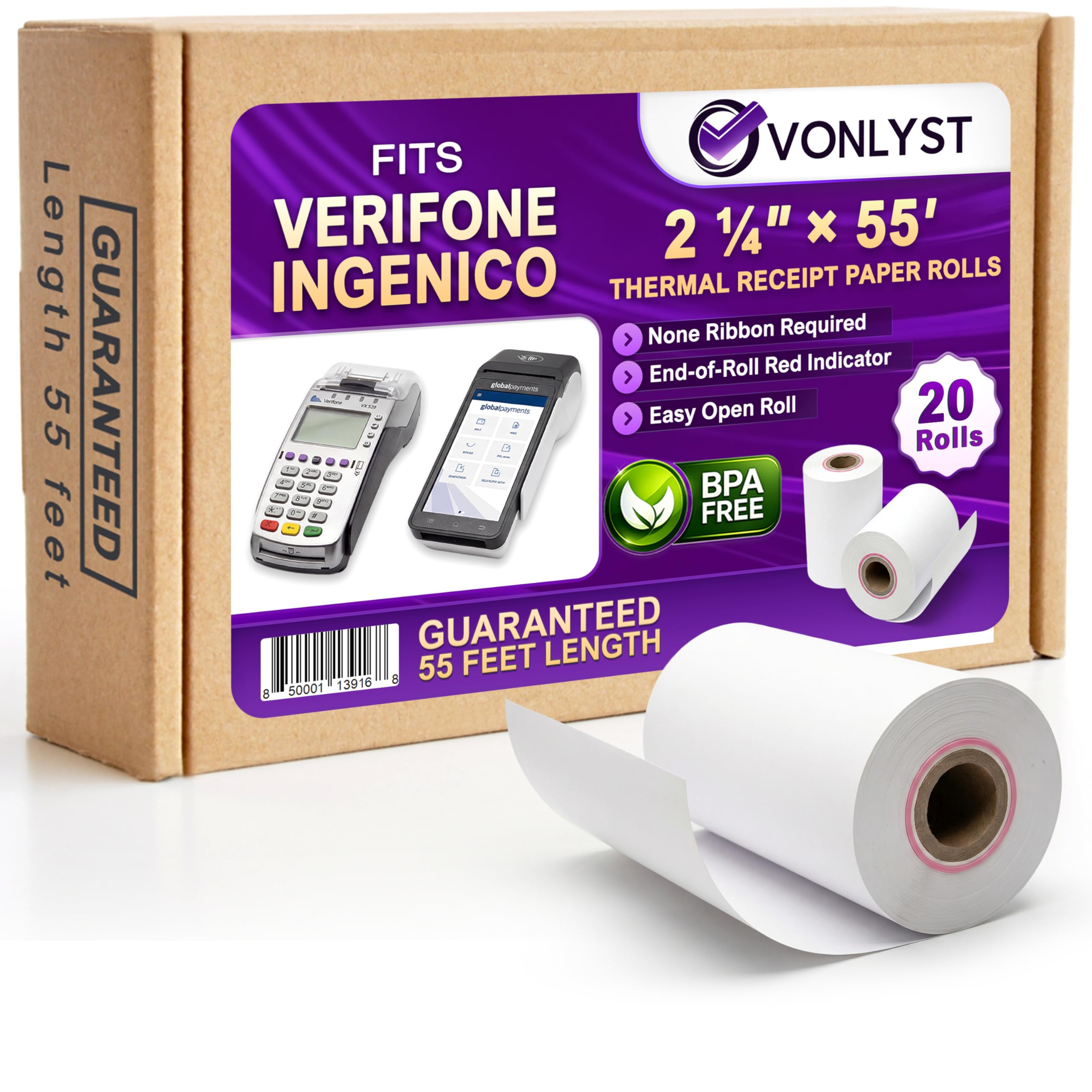 Verifone & Ingenico Thermal Paper Rolls 2 1/4" x 55' (20 Pack) BPA Free Receipt Paper for VX520 VX680 T650 V400m ICT220 ICT250 Desk 3500 Move 5000