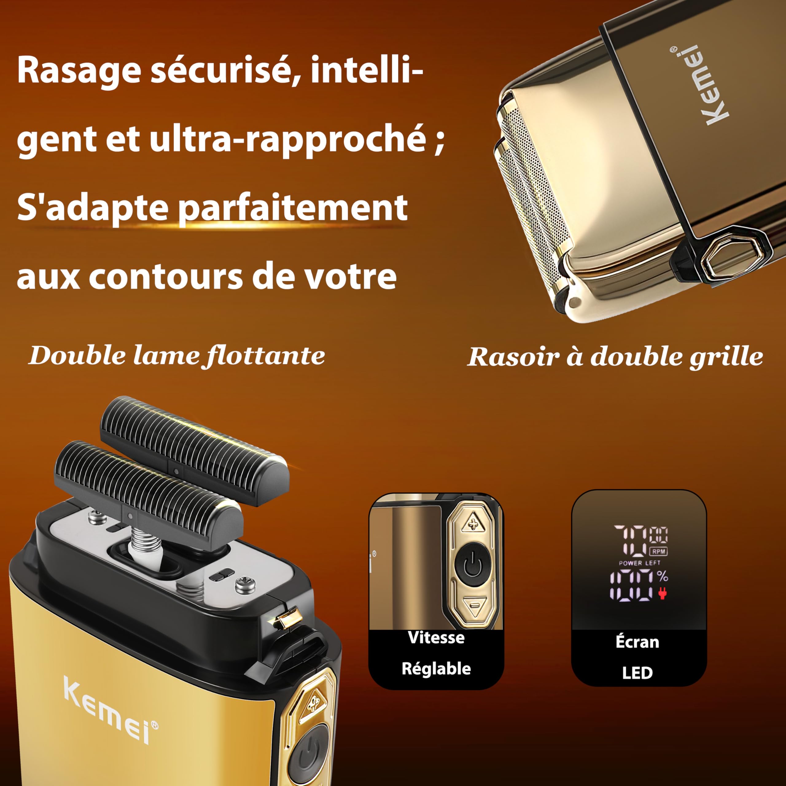 KEMEI T-Blade Tondeuse à Barbe pour Hommes et Rasoir Électrique à Foil, avec Écran LED, Kit de Coiffure Imperméable pour Barbiers/Usage Domestique, Cadeau pour Hommes