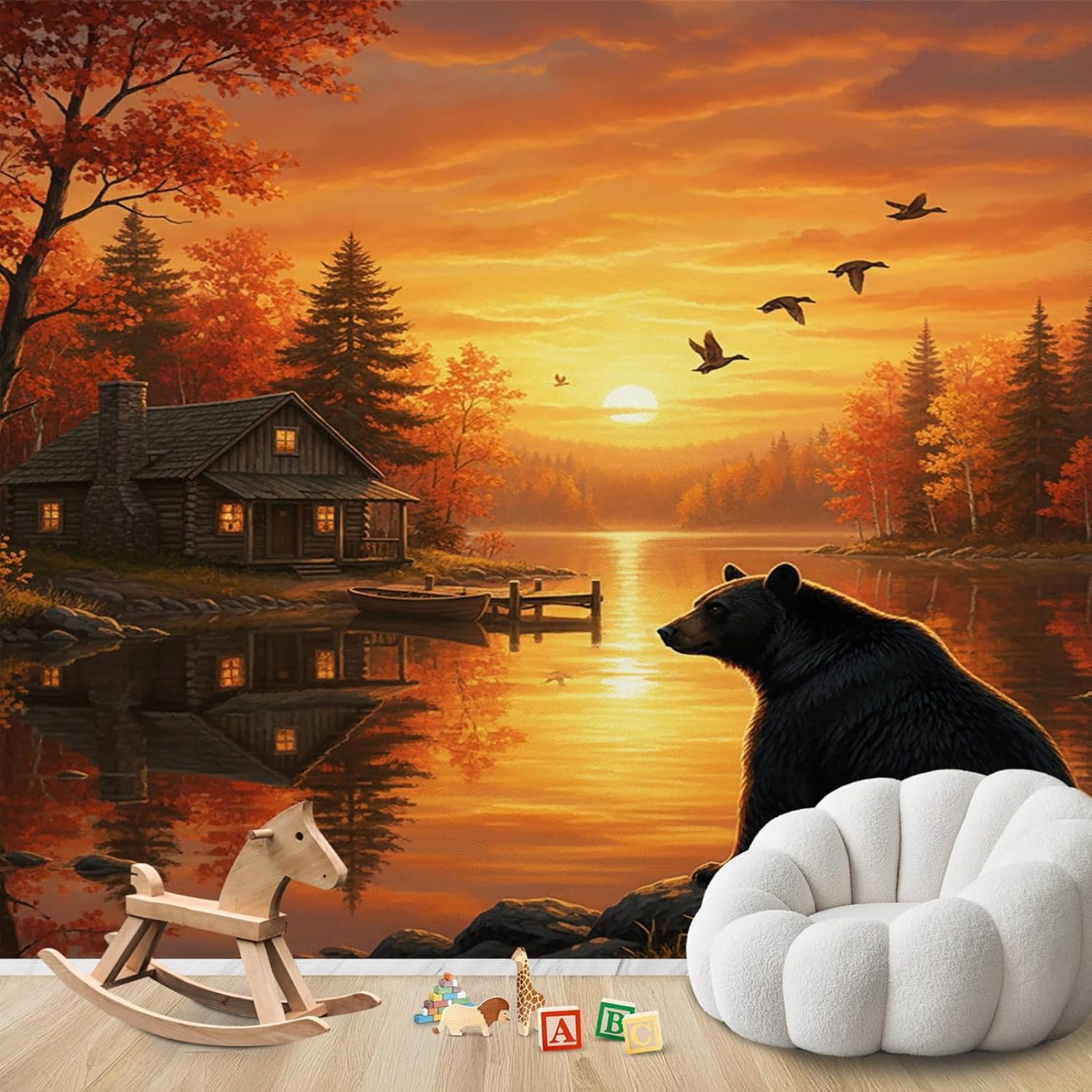 Bear wallpaper, rustic forest animal photo wallpaper for bedroom, non-woven wallpaper forest cabin for living room, sunset patterned wallpaper for children's room, non-woven wallpaper, 400cm x 280cm,