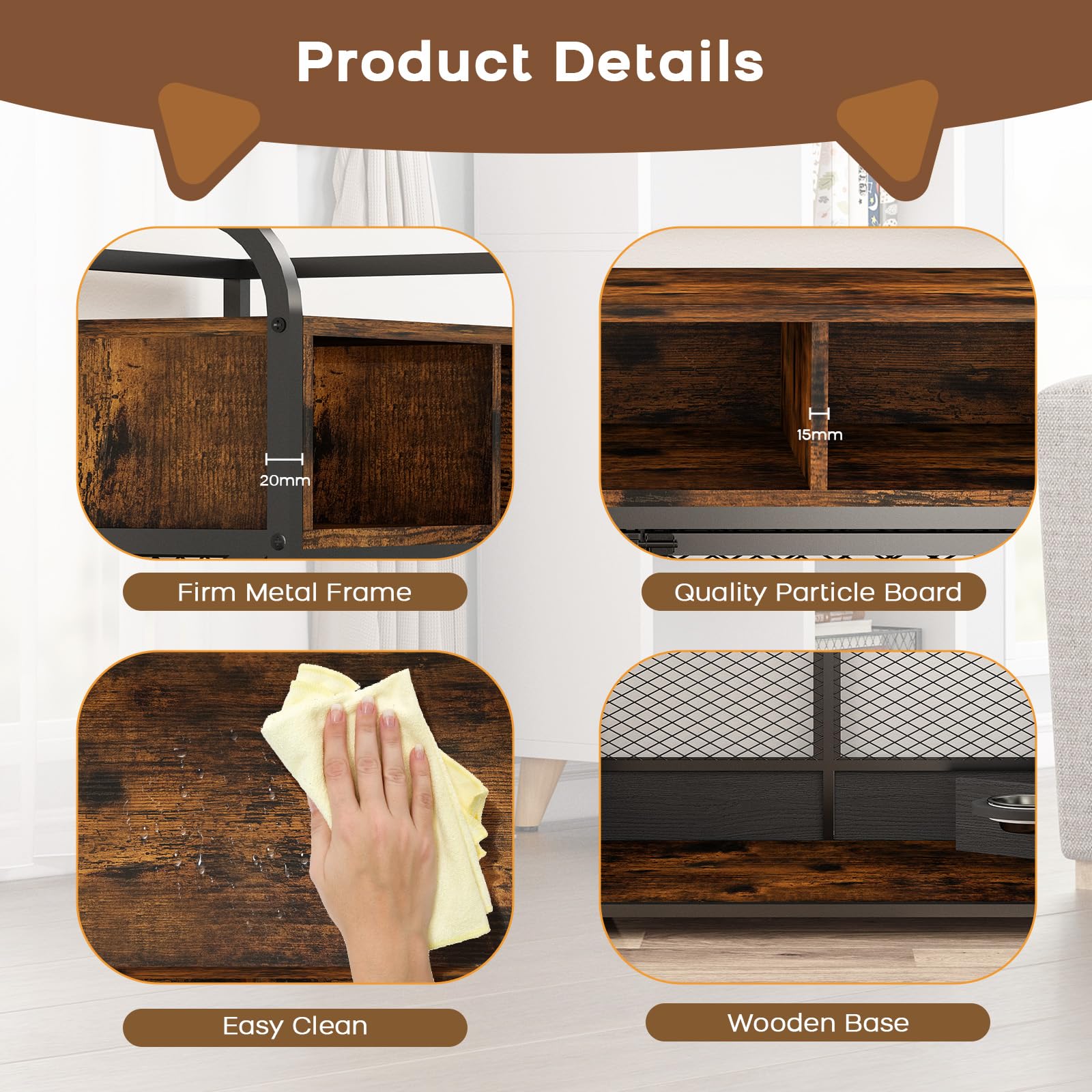 Mueble Jaula para Perro Grande, Casa de Madera Estilo Mueble, Mesa Auxiliar Con 3 Cajones, Perrera Resistente Con Comedero Giratorio 360° Marrón Rústico