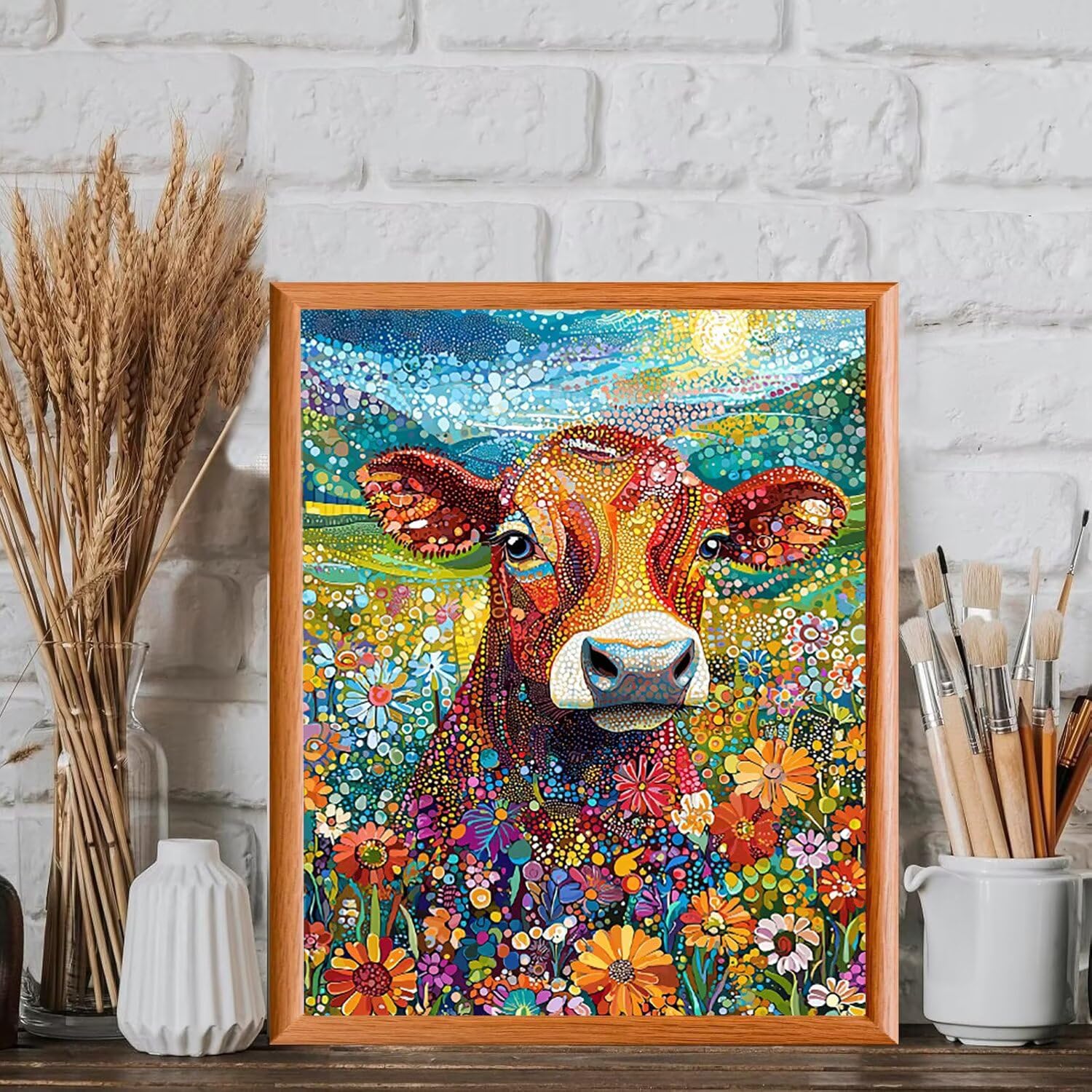 WEISHIWE Malen nach Zahlen Erwachsene Blumen mit Kuh, 70x90cm x-424 | Malen nach Zahlen Erwachsene Leinwand Kit, DIY Handgemalt Ölgemälde Set mit 3-Pinseln und Acrylfarbe für Wanddeko,Ohne Rahmen