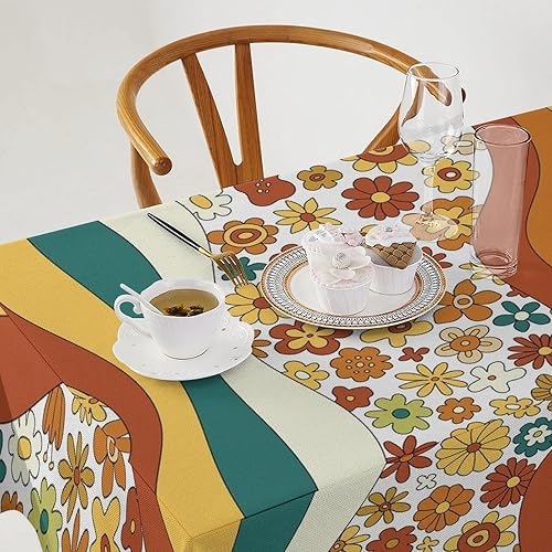 Miniatura 1290 de Mantel floral hippie, diseño retro de los años 70, naranja, rosa, azul, floral, bohemio, estampado estético de margaritas, para fiesta, picnic