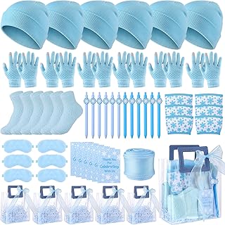 Shihanee 6 Sets Baby Shower Party Prizes Gift Guests Winter Warm Set Beanie Hat Gloves Socks Eye Mask Coffee Sleeve Pen Ribbon Gift Bags for Wedding Gender Reveal Bridal Shower(Blue)