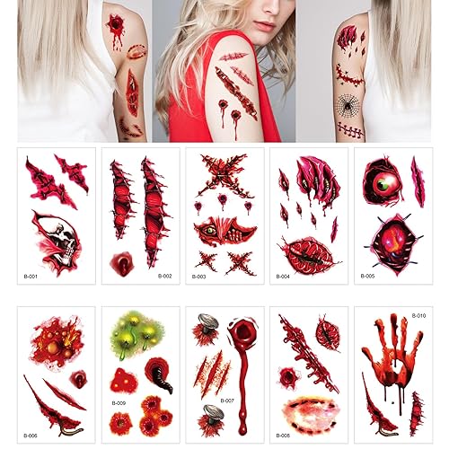 Tatuajes temporales de Halloween, tatuajes falsos de cicatriz simulada, ojos de calavera de sangre, marcas de mordeduras, calcomanías de tatuaje, 10