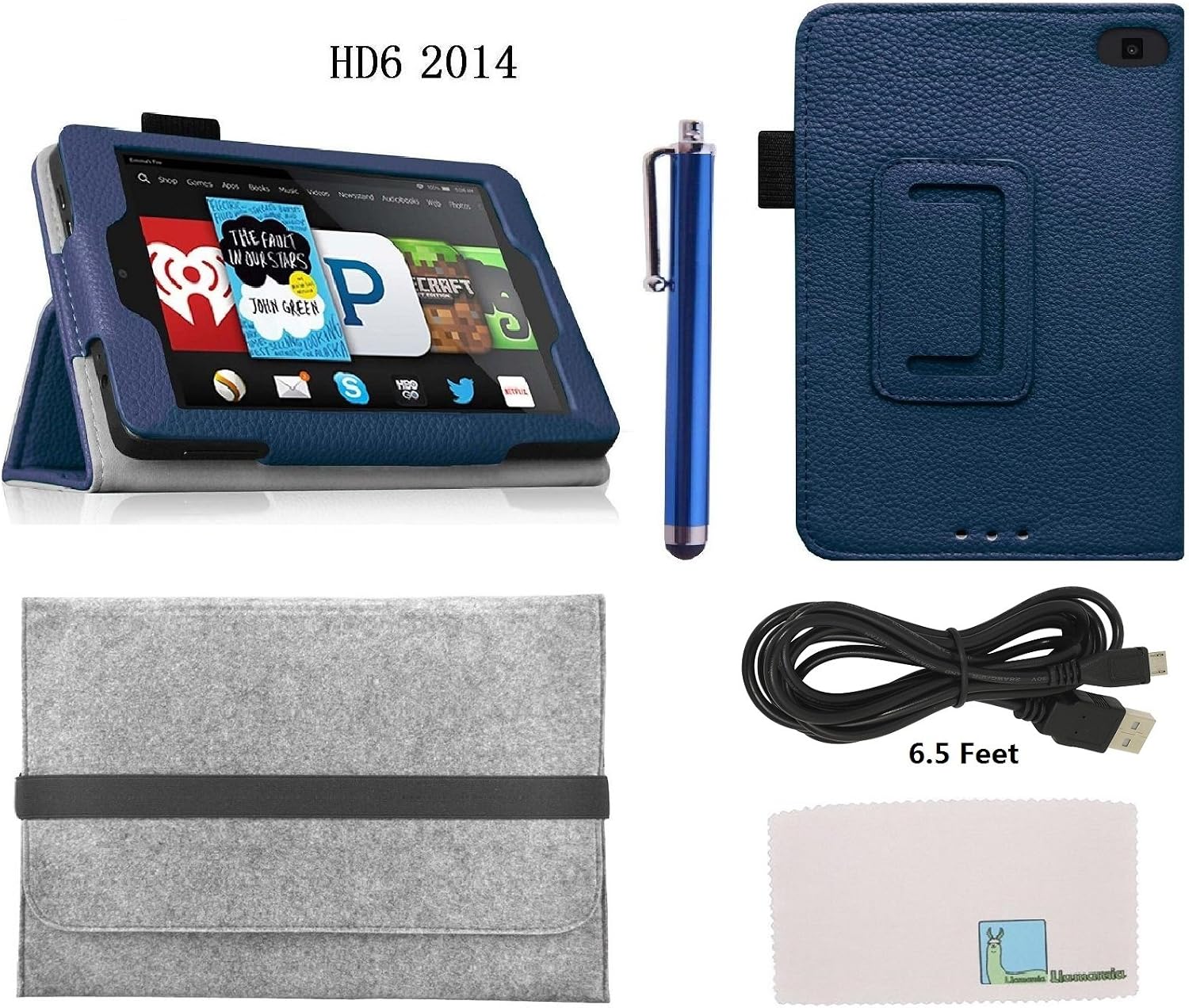 Llamamia Folio Flip PU Leather Case Cover for Kindle Fire HD 6 Inch (2014 Oct Release) + 6.5 Feet USB Cable + Wool Felt Sleeve Bag + Stylus Pen + Cleaning Cloth (Dark blue)