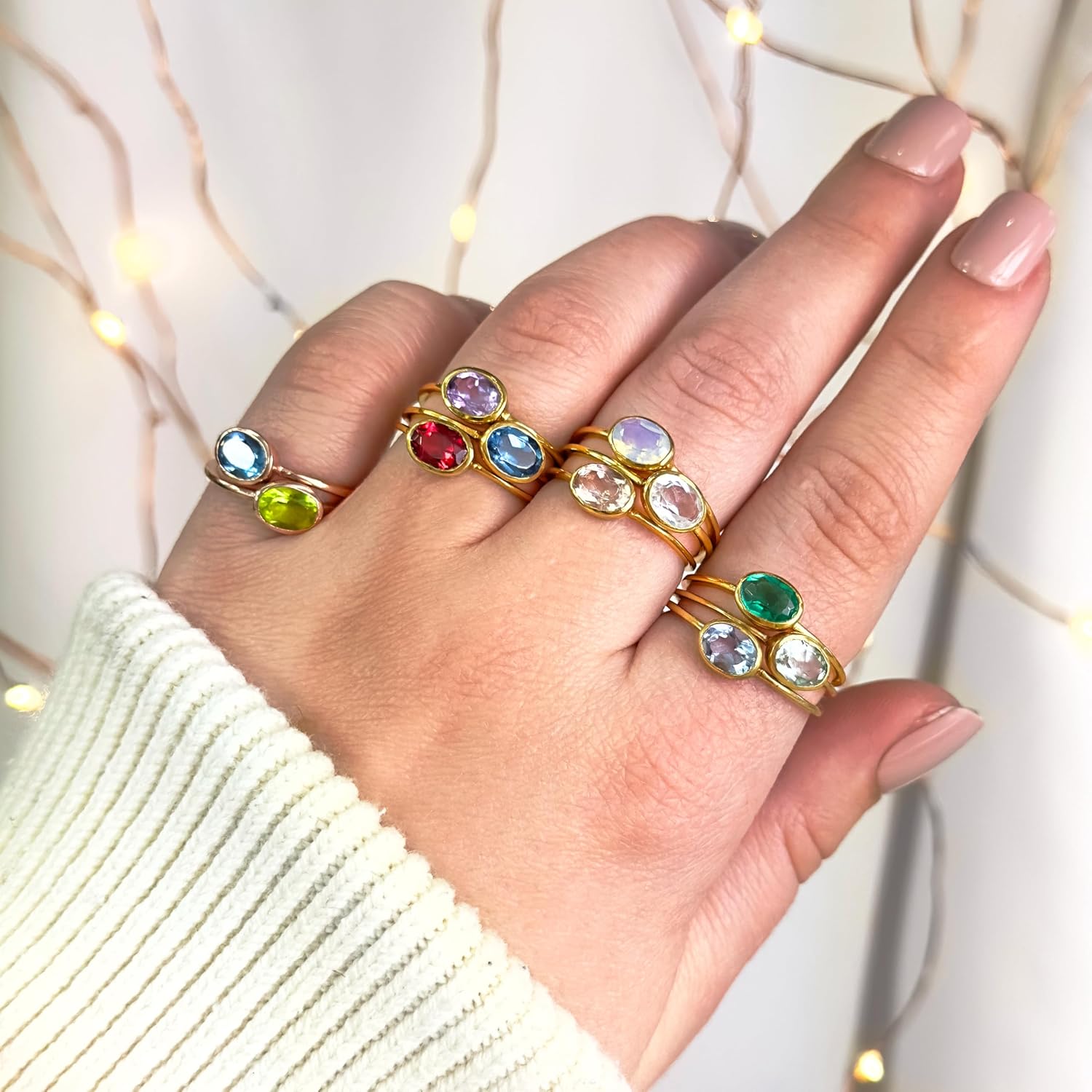 Tiny Oval Gemstone Stacking Ring, Minimalist Thin Ring Band, Everyday Stackable Birthstone Ring in Sterling Silver or Vermeil Gold