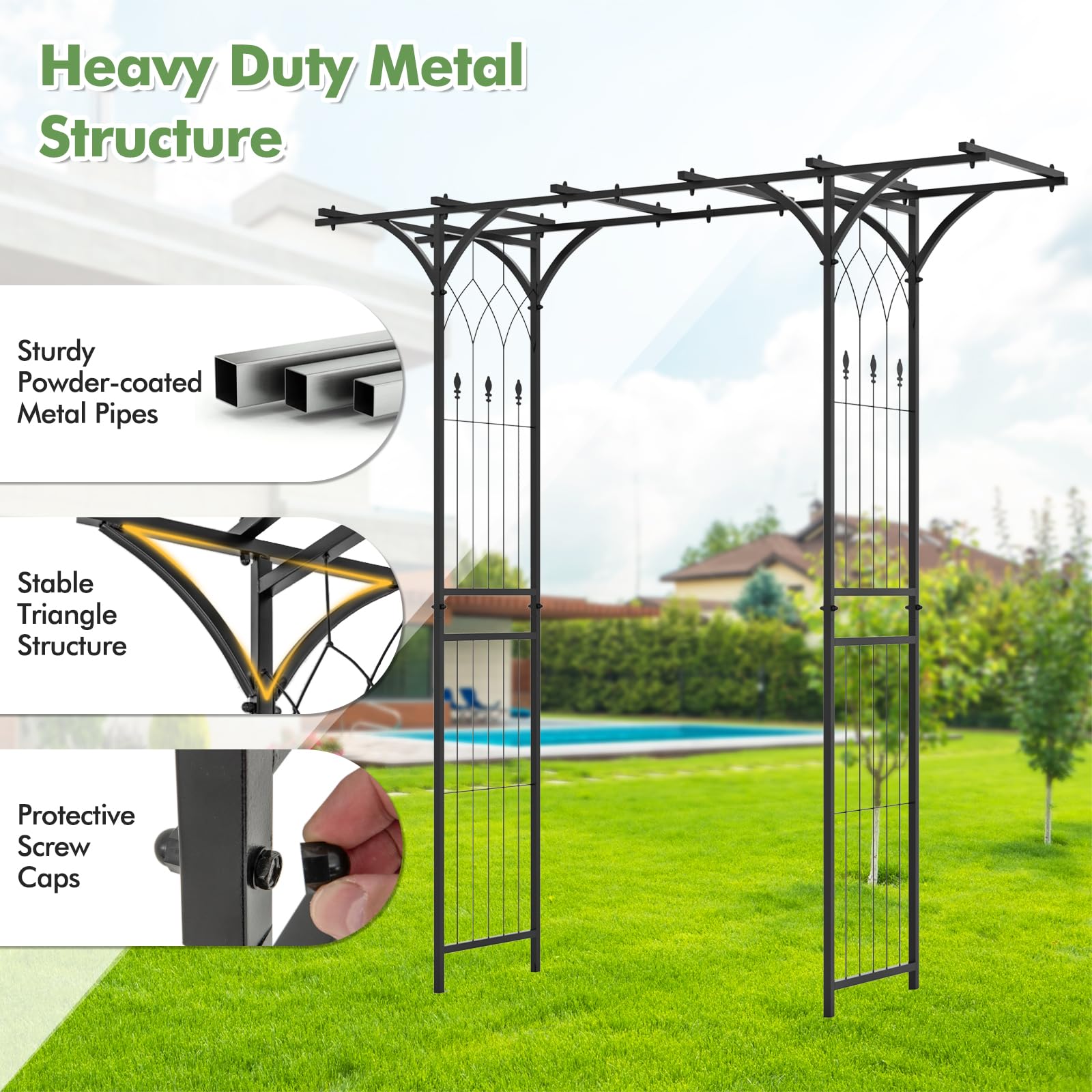 HOMASIS Arco da Giardino in Metallo, Graticcio Decorativo per Piante Rampicanti, Rose e Viti, Arco Metallico per Esterno, Giardino, Prato e Cerimonie di Matrimonio, 200 x 52 x 206 cm, Nero