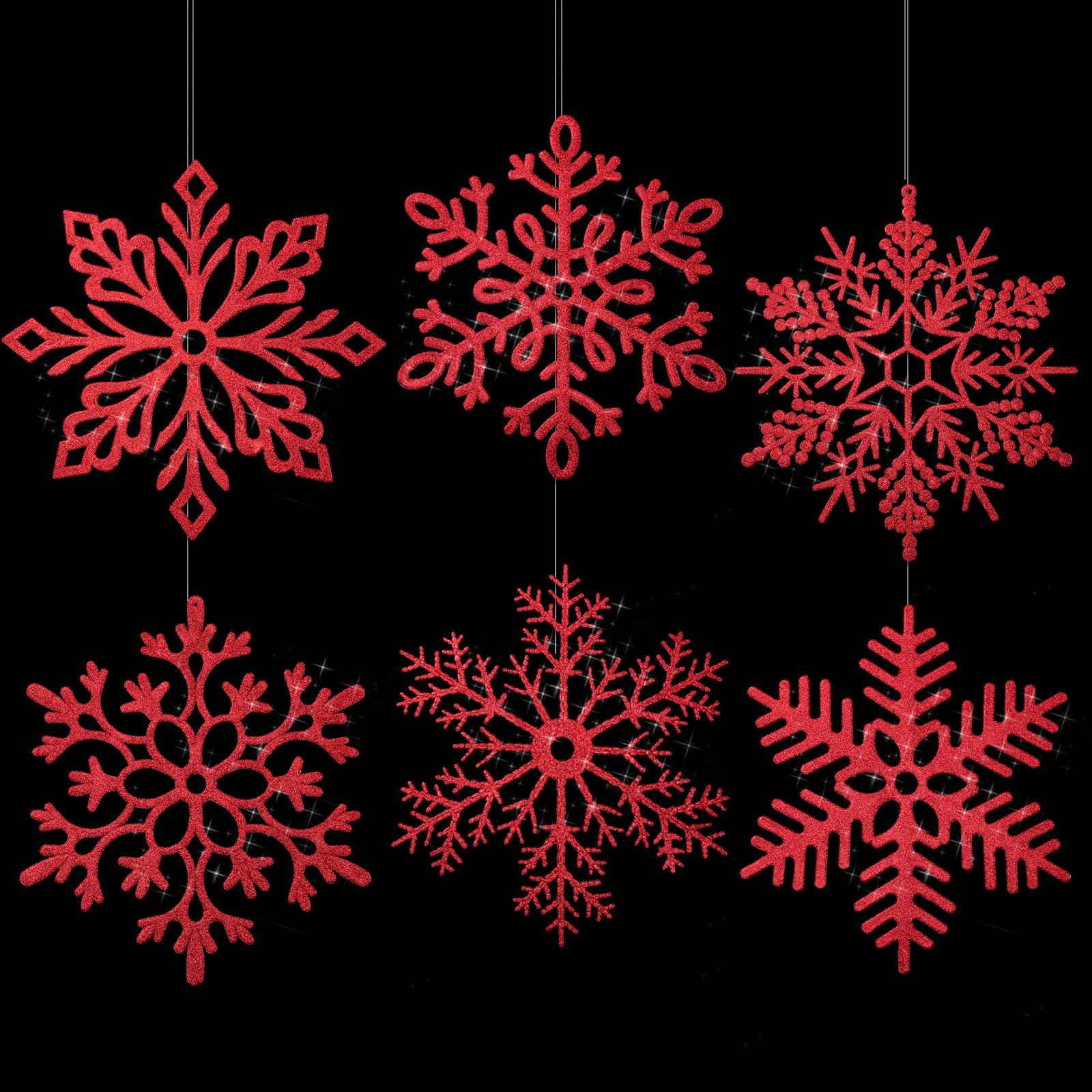 Décoration de Noël : flocons de neige géants rouges suspendus avec fil nylon discret
