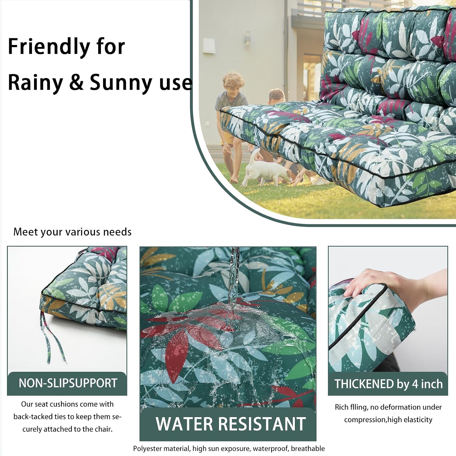 Outside Porch Cushion with Backrest, Thicken Waterproof Patio Swing Cushion 2/3 Seater Replacement, Bench Swing Cushions Outdoor Furniture (Garden Bench Cushion - Flower, 55x40 inches)