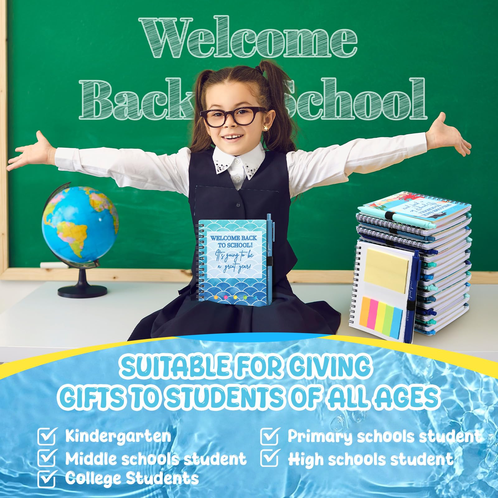 Dunzoom 40 quaderni con scritta "Welcome Back to School", 20 quaderni per il primo giorno di scuola, con linguette adesive, set di 20 penne ispiratrici per insegnanti e studenti (oceano, blu)