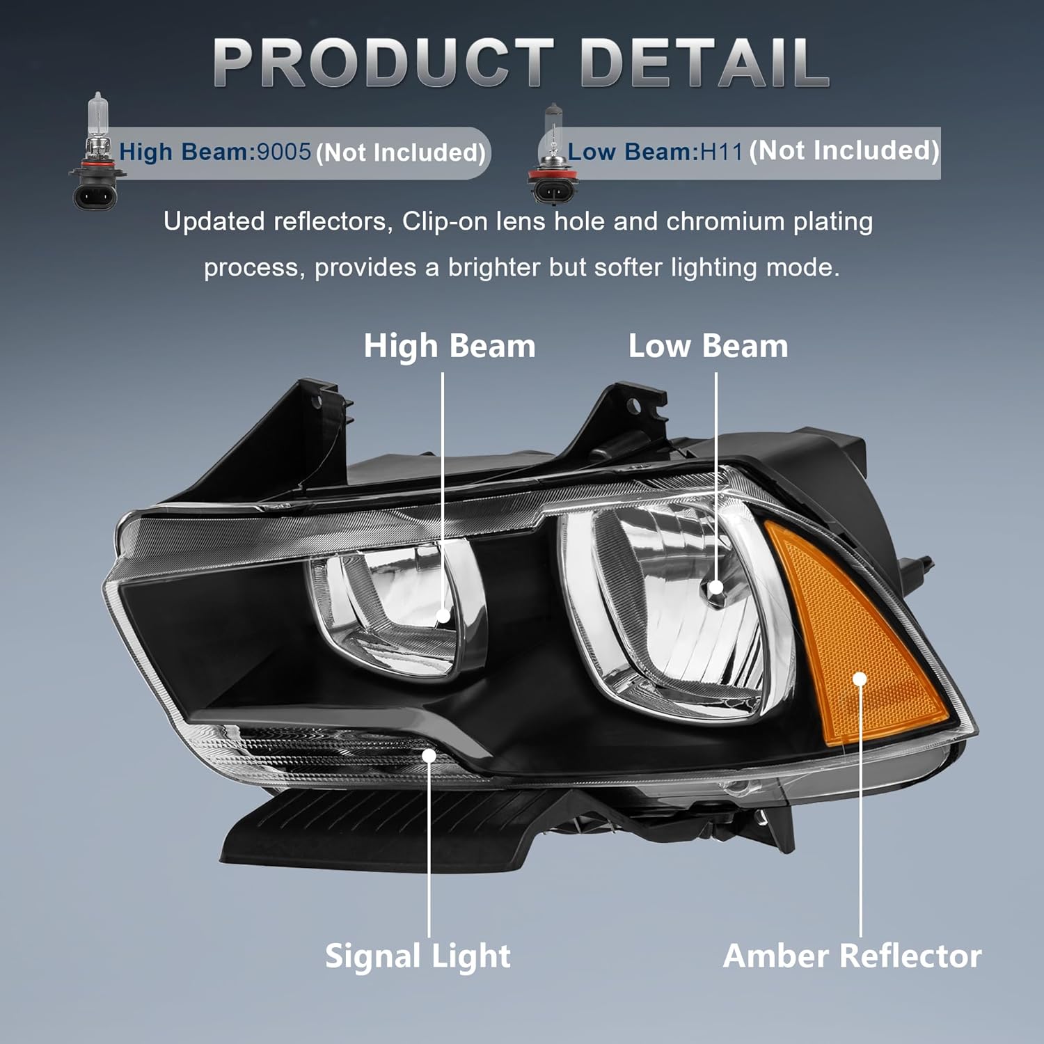 Halogen Headlights Assembly Compatible for 2011-2014 Dodge Charger Black Housing Amber Reflector