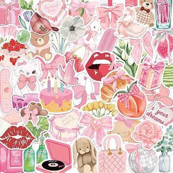 100pcs Pink Coquette Stickers Sage Green Aesthetic Sticker Bow Girly Stickers for Girl Pink and Sage Green Party Favors Vinyl Waterproof Sticker