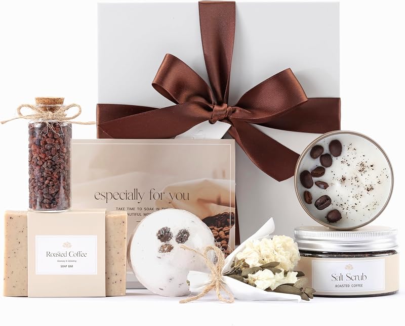 Kit de presente LaurGifts com itens de banho e vela aromática de café, Caixa com 6 itens