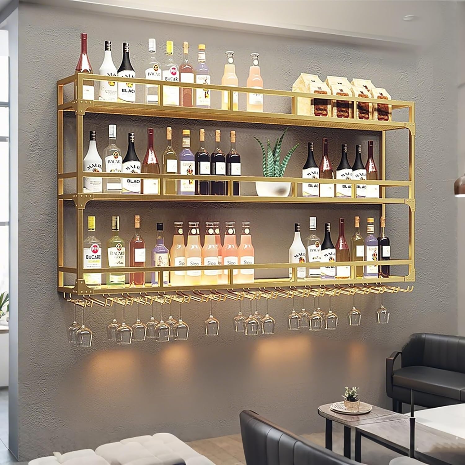 Industrial Wall-Mounted Wine Rack Metal Wine Shelf with Glass Holder – Stylish Bottle Storage for Dining Room Home Bar and Kitchen – Elegant and Practical Wine