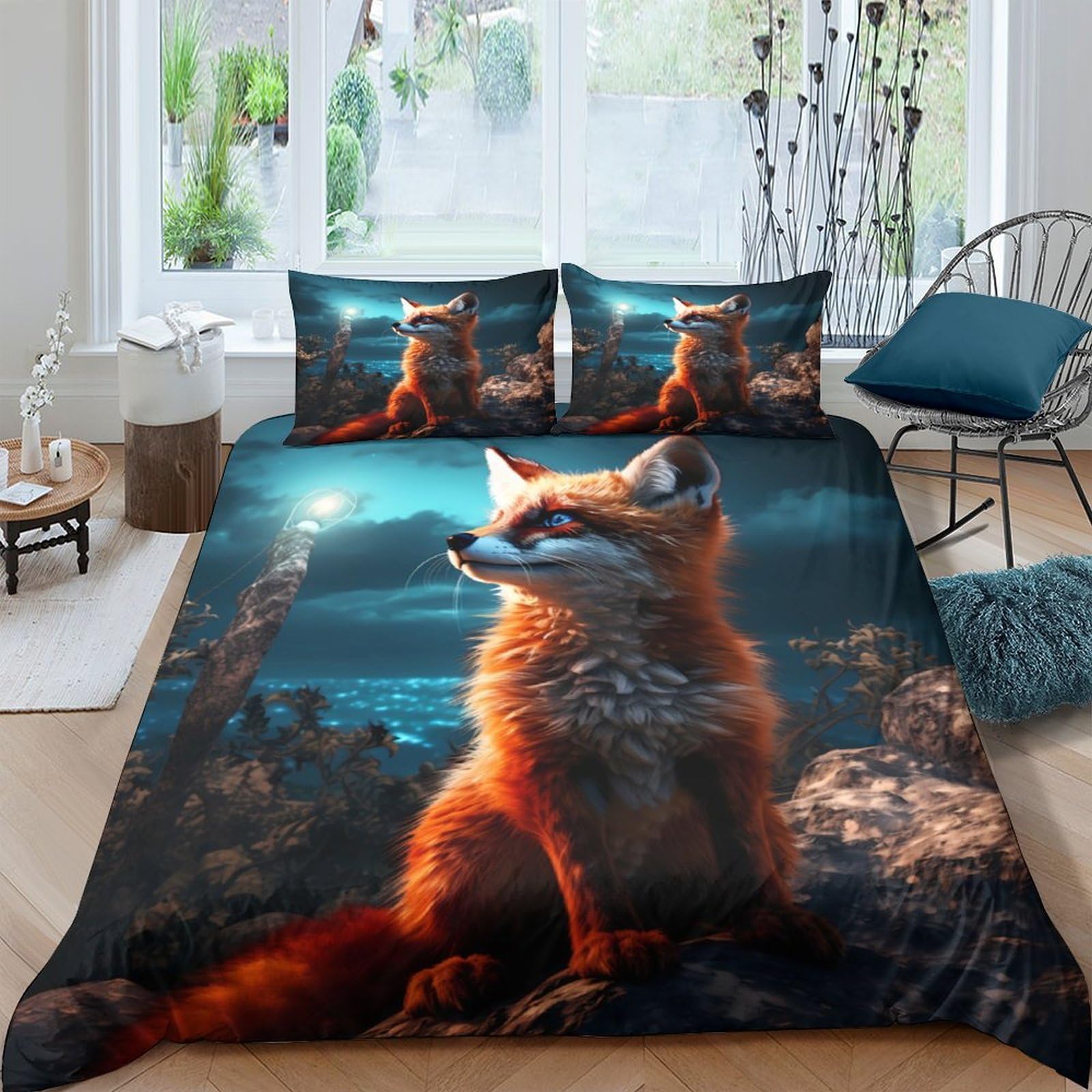 GPLZQXKJNH 3D Printed Fox Forest Duvet Cover Microfiber Soft Breathable Sunset Landscape Bedding Set with 2 Pillowcases for Bedroom Decor Single（135x200cm）