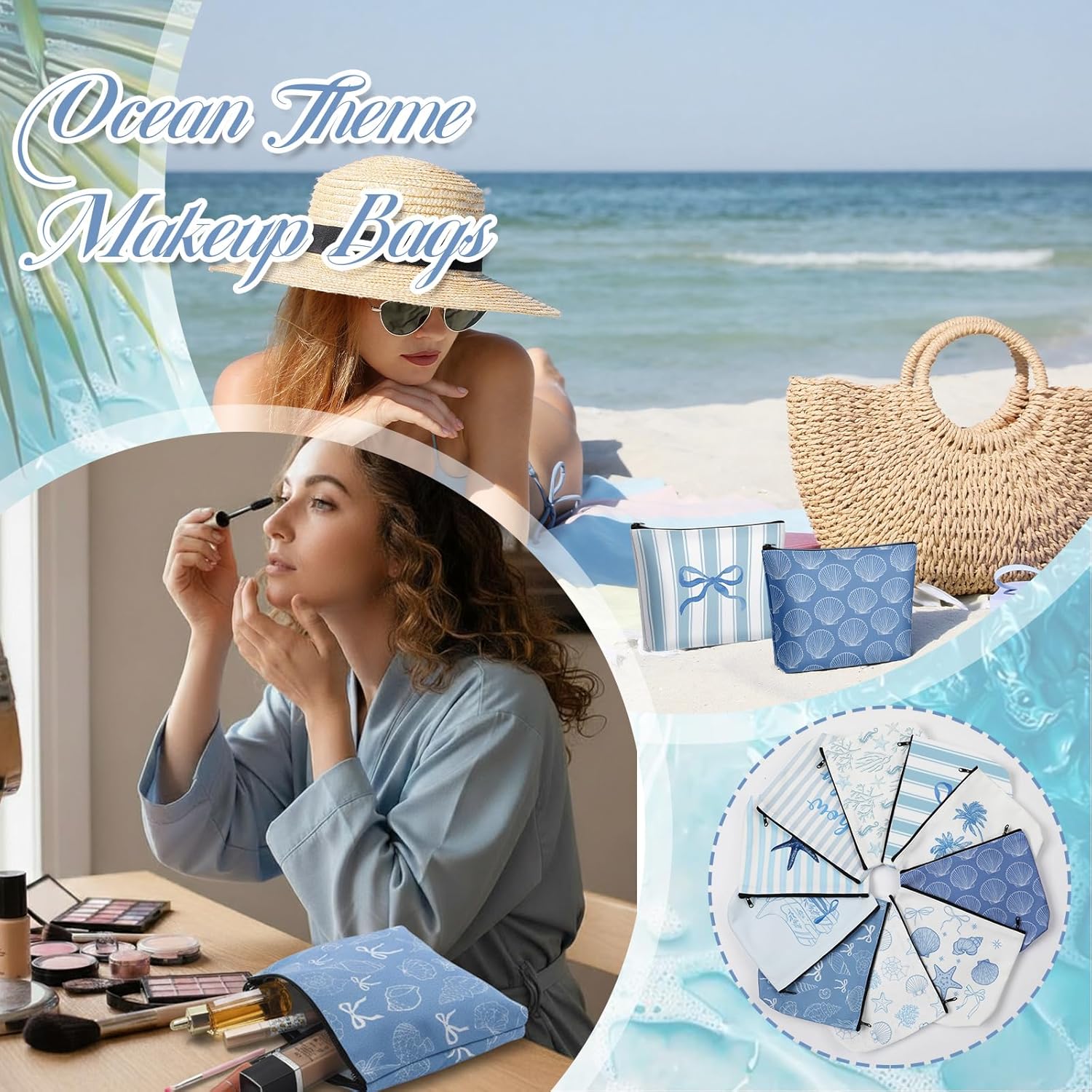 10 Pcs Ocean Themed Cosmetic Bags Bulk Zipper Pouch Makeup Bag for Women Girls Sea Weekend Travel Vacation Trip Gifts Supplies Nautical Party Favors Beach Accessories