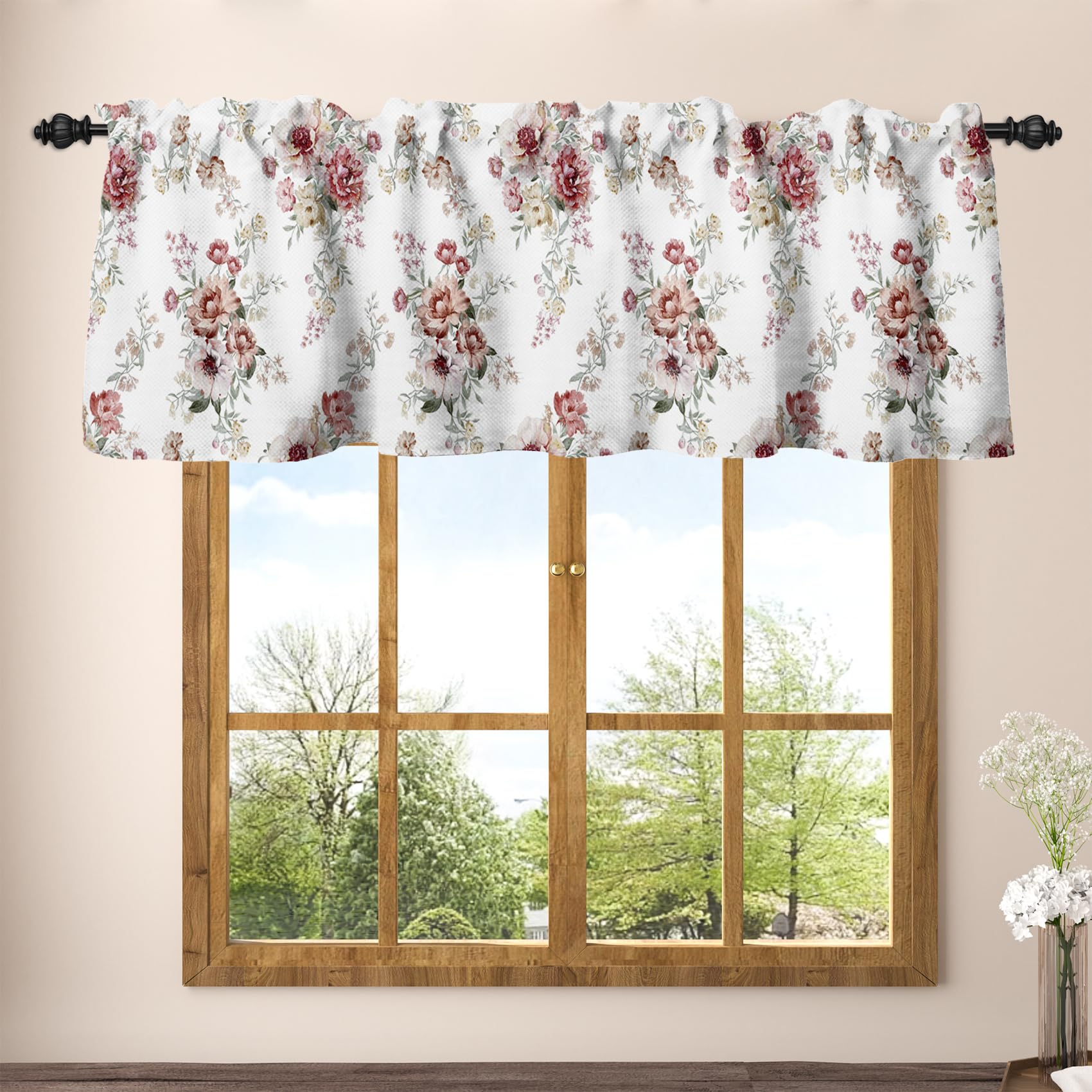 Cenefa de cortina floral para cocina rústica en lino rojo de 42x18"