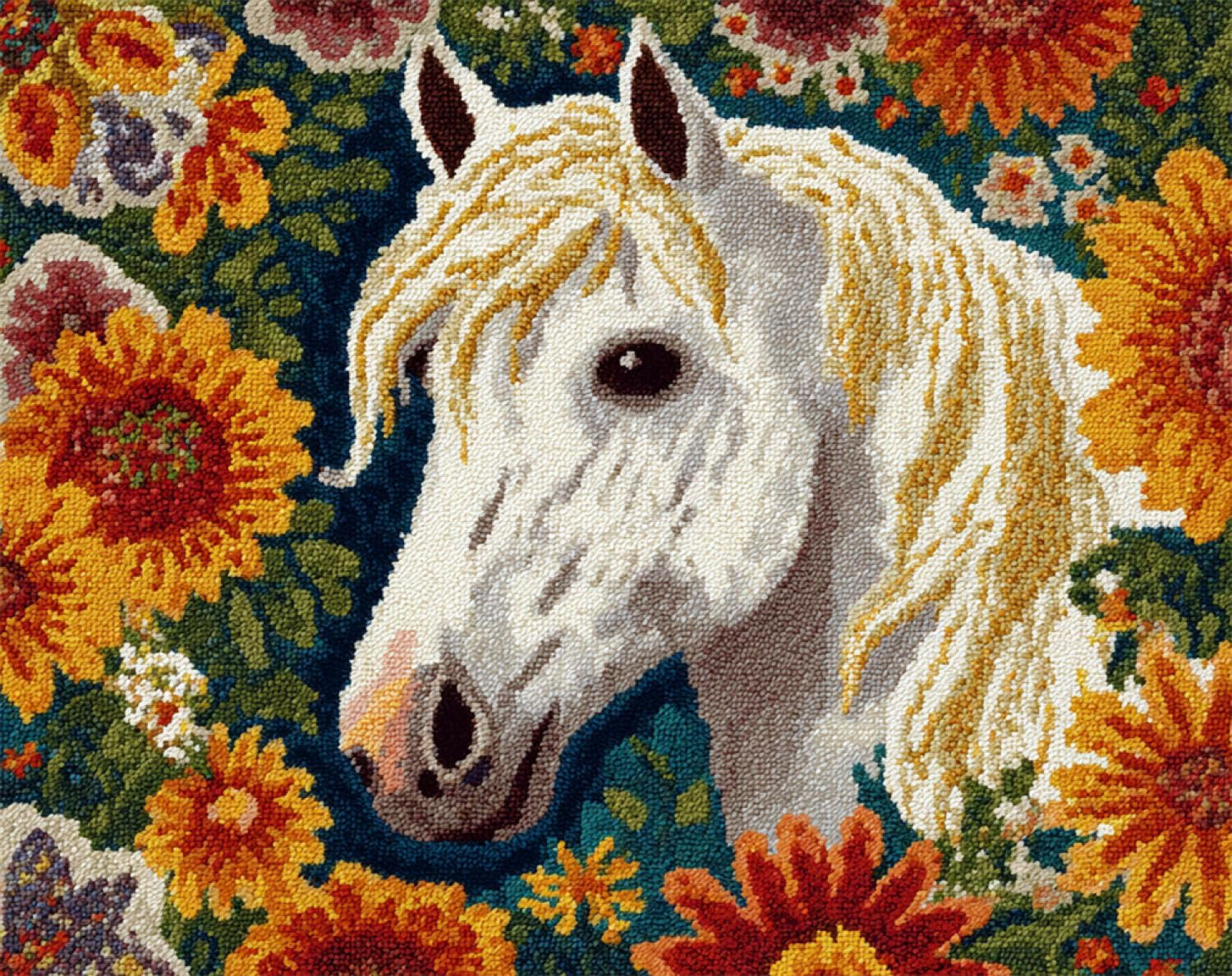 Henypt DIY Latch Hook Rug Kit Horses and Flowers 55x75cm