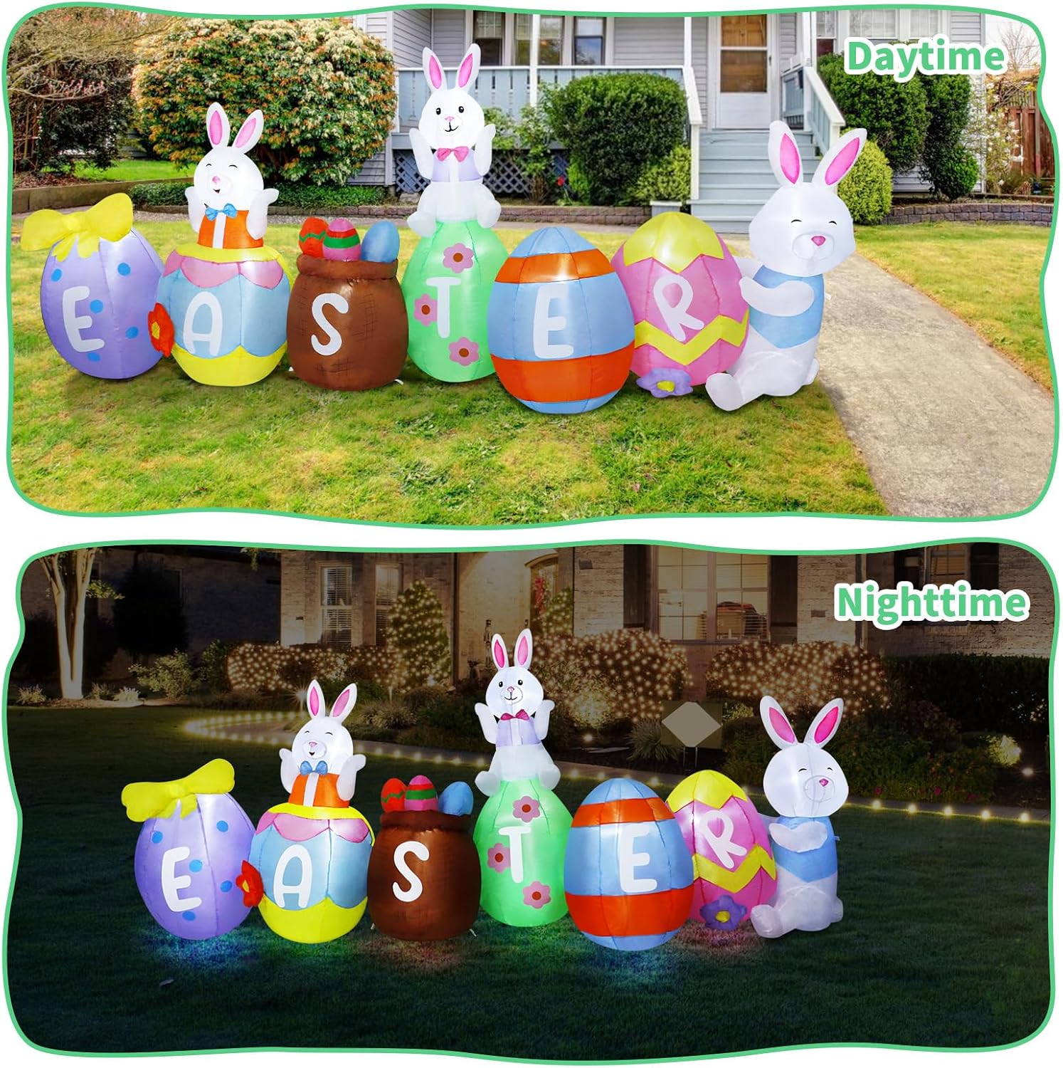 10FT Easter Inflatables Outdoor Decorations, Large Easter Blow Up Bunny & Eggs Built-in 9 Bright LED Lights, Cute Spring Inflatable Decor for Yard Garden Lawn Holiday Party