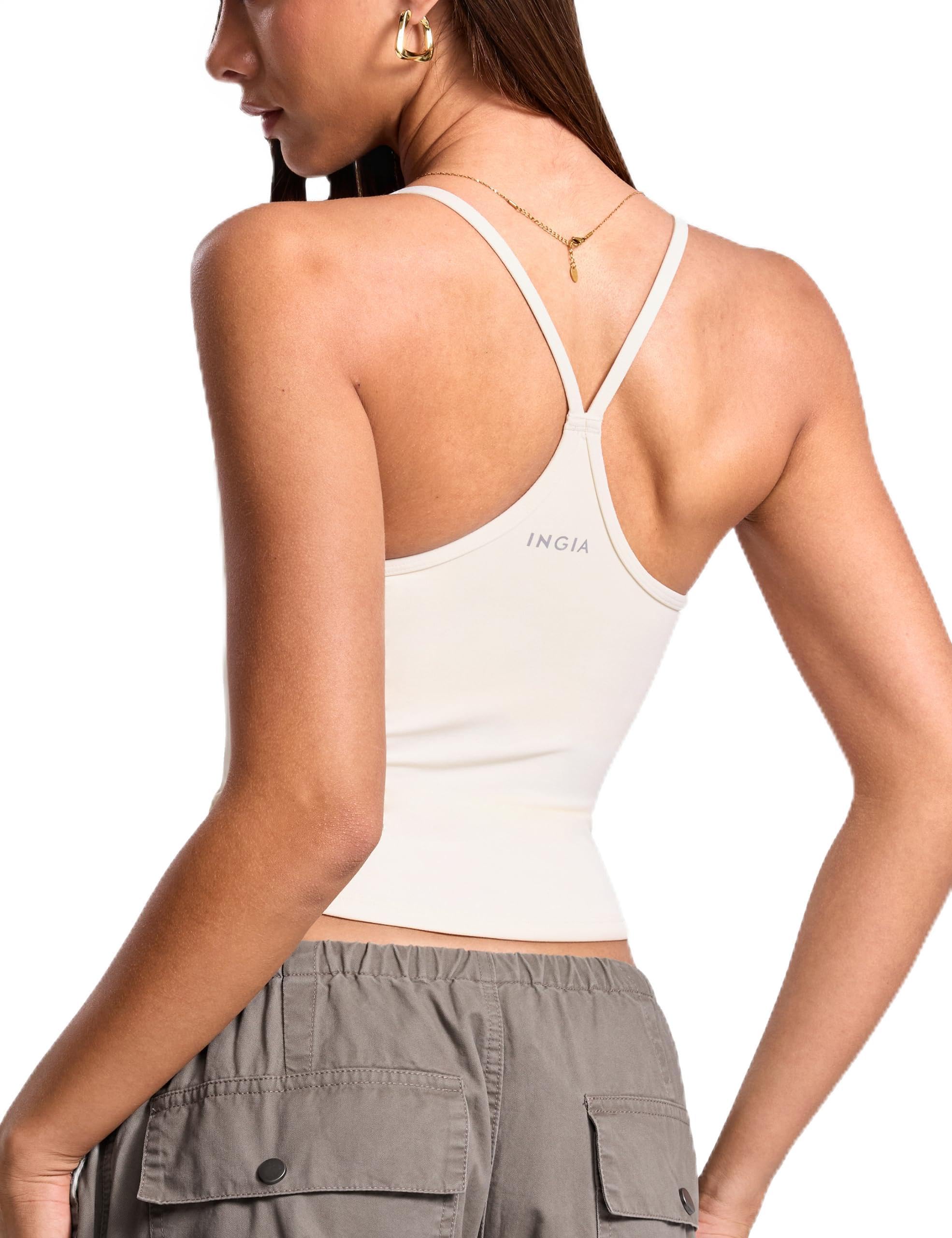 INGIA Womens Deep V Neck Tank Top with Built-in Bra Strappy Low Y Back Fitted Crop Workout Pilates Tank Shirt