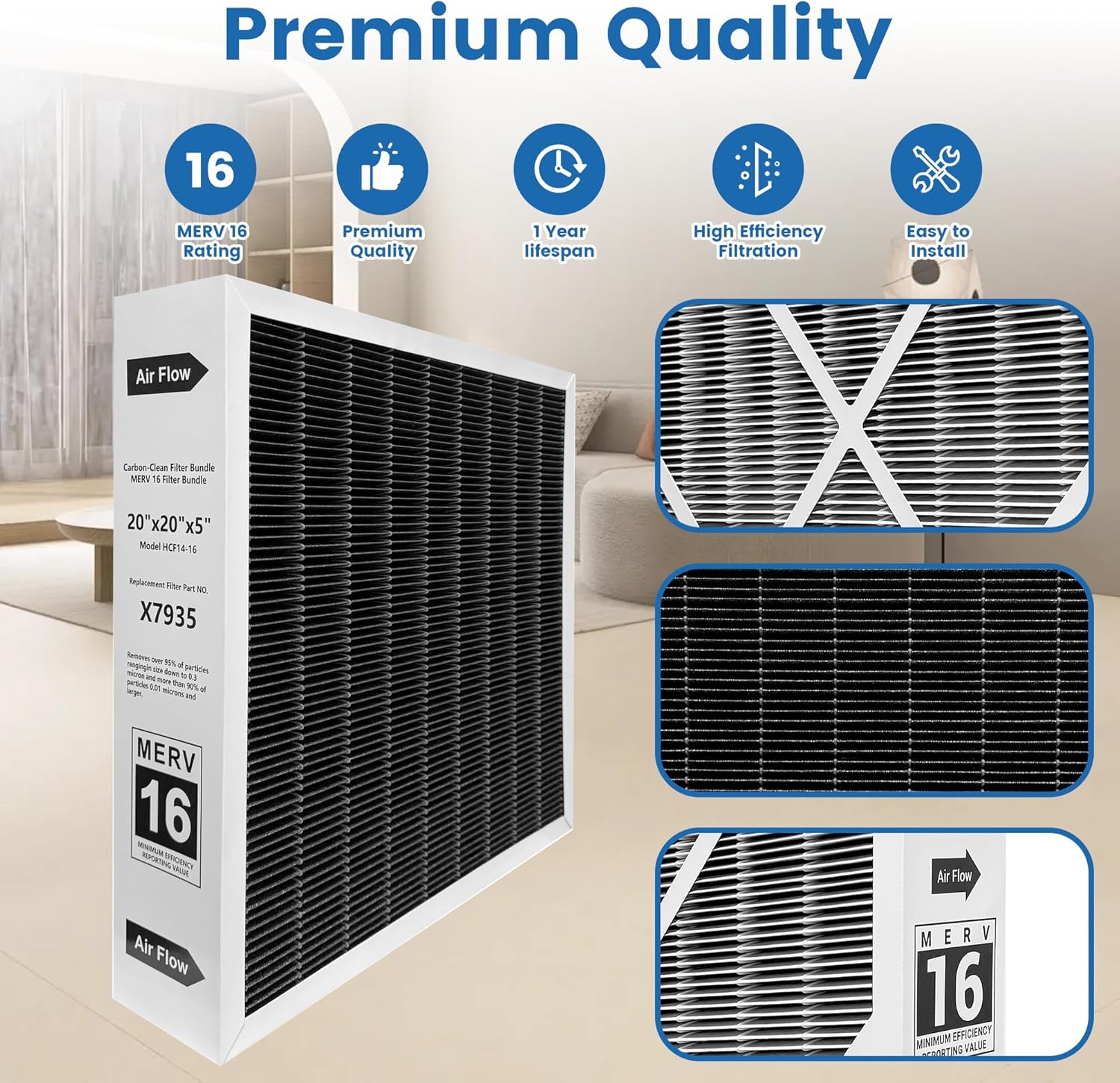 2 Pack X7935 20x20x5 MERV 16 Air Filter Replacement Compatible with Lennox X7935 Filter Model HCC14-23 and Honeywell Filter Models FC100A101 And FC200E1011