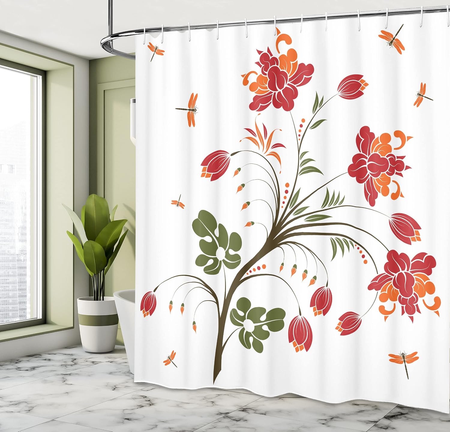Ambesonne Dragonfly Shower Curtain, Flourishing Vivid Blossom Illustration Little Dragonflies Habitat Image, Cloth Fabric Bathroom Decor Set with Hooks, 69" W x 84" L, Olive Green