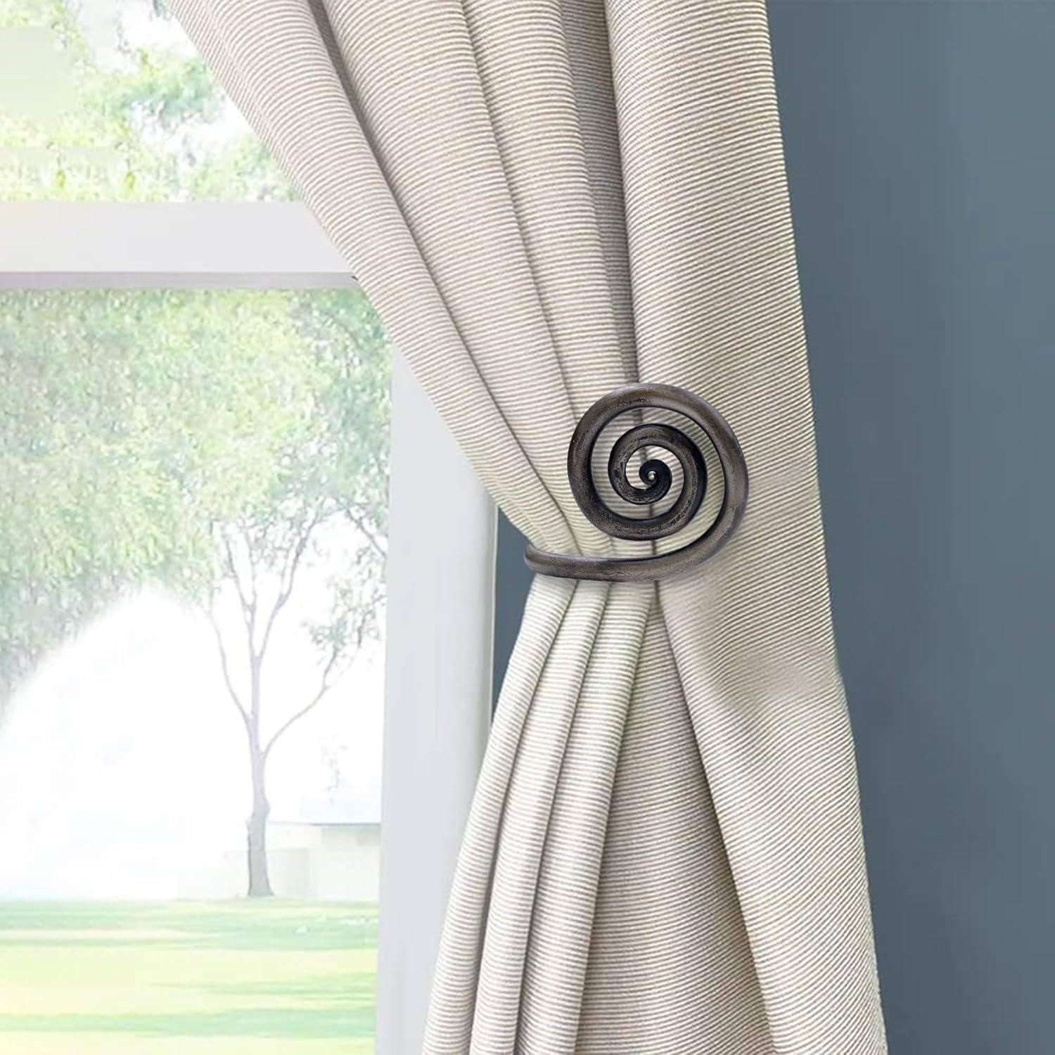The Metal Magician Sturdy Wrought Iron Wall Mounted Curtain Holdbacks - Curtain Holders for Living Room, Bedroom, Kitchen, Office - (Swirl - Antique Nickel) - Pack of 2