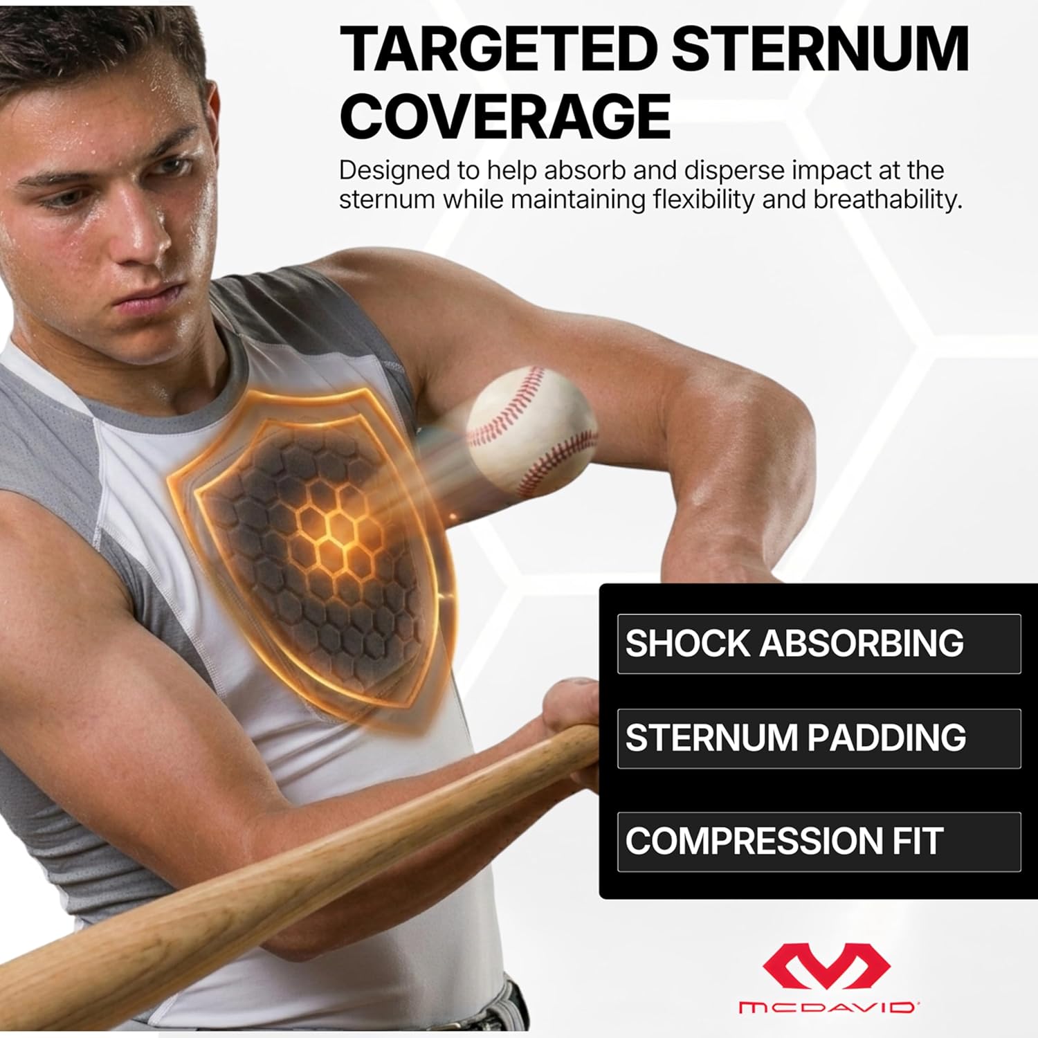 McDavid HEX Chest Protector Shirt Heart Guard Sternum Compression Padded Shirt for Football, Lacrosse, Softball Rugby - Youth