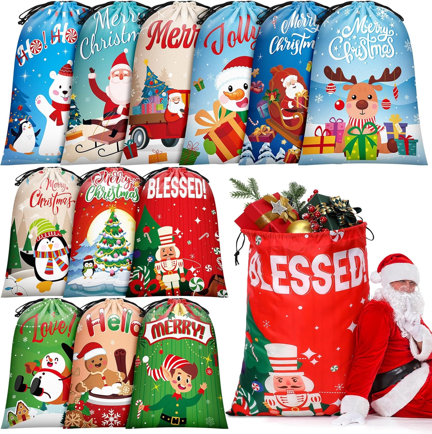 Talltalk 12 Packs Extra Large Christmas Gift Bags Bulk Cute Giant Xmas Drawstring Gift Bags Reusable Santa Gift Bag Stocking Storage Sacks for Oversize Gifts Heavy Duty Party Favor Supplies