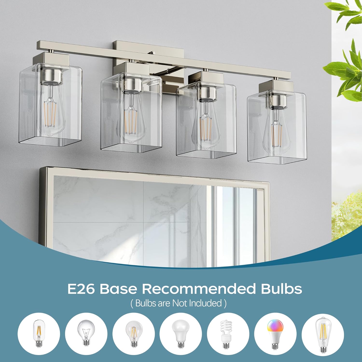 PARTPHONER 4-Light Bathroom Light Fixtures, Brushed Nickel Modern Vanity Lights, Bathroom Lighting Fixtures Over Mirror, Square Design Farmhouse Wall Sconces with Clear Glass Shades