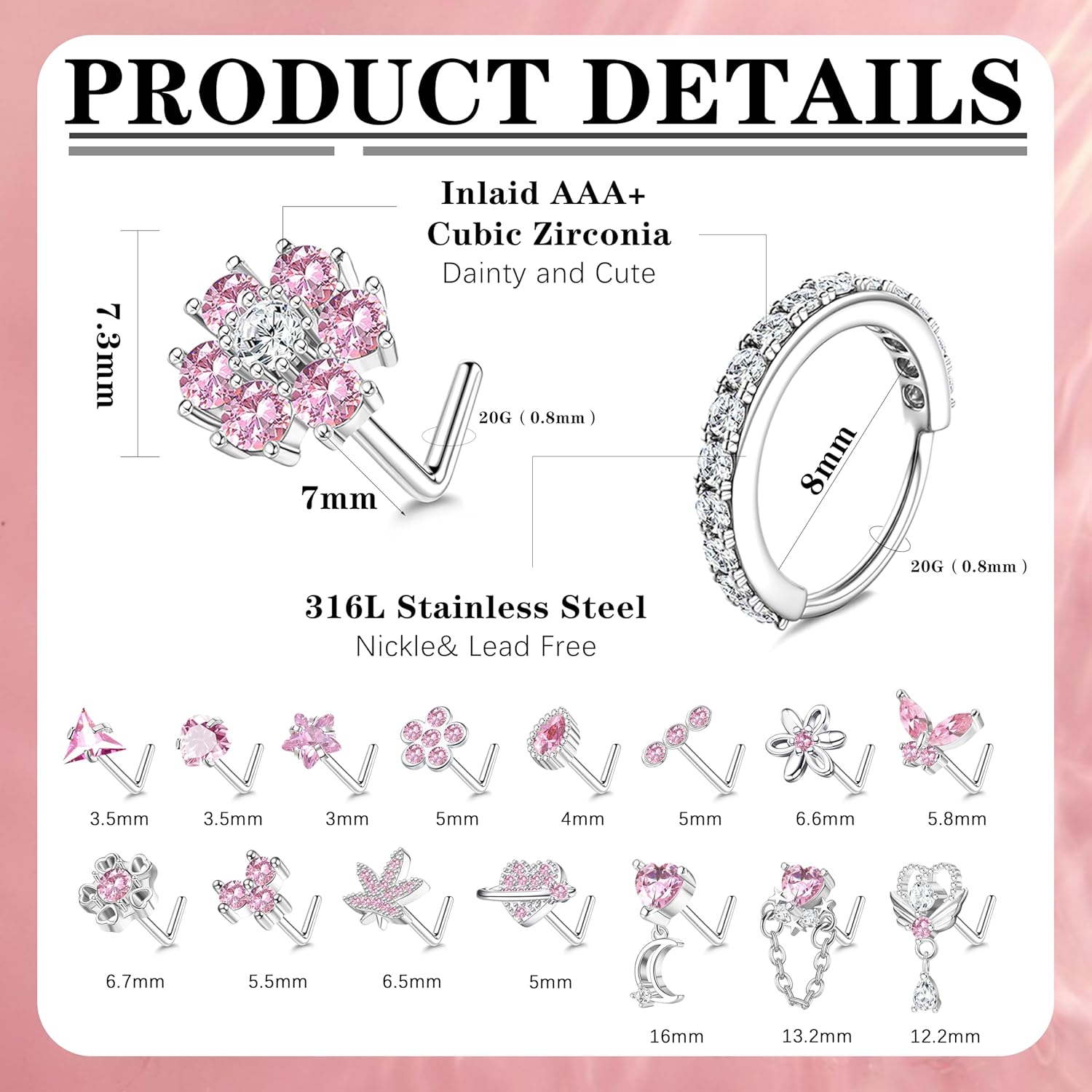 Drperfect Nose Rings L Shaped Nose Studs Ring Hypoallergenic Stainless Steel Nose Ring-Dangle CZ Butterfly Flower Nose Studs Hoops Piercings Jewelry Gift for Women Men 20G Pink/Blue/Clear - Image 2