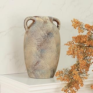 Rustic Vase for Home Decor, Farmhouse Retro Pottery Flower Vase with 2 Handles, Decorative Whitewashed Terra Cotta Vases for Living Room Bedroom Table Centerpiece, Shelf, Mantel, 9.8inch