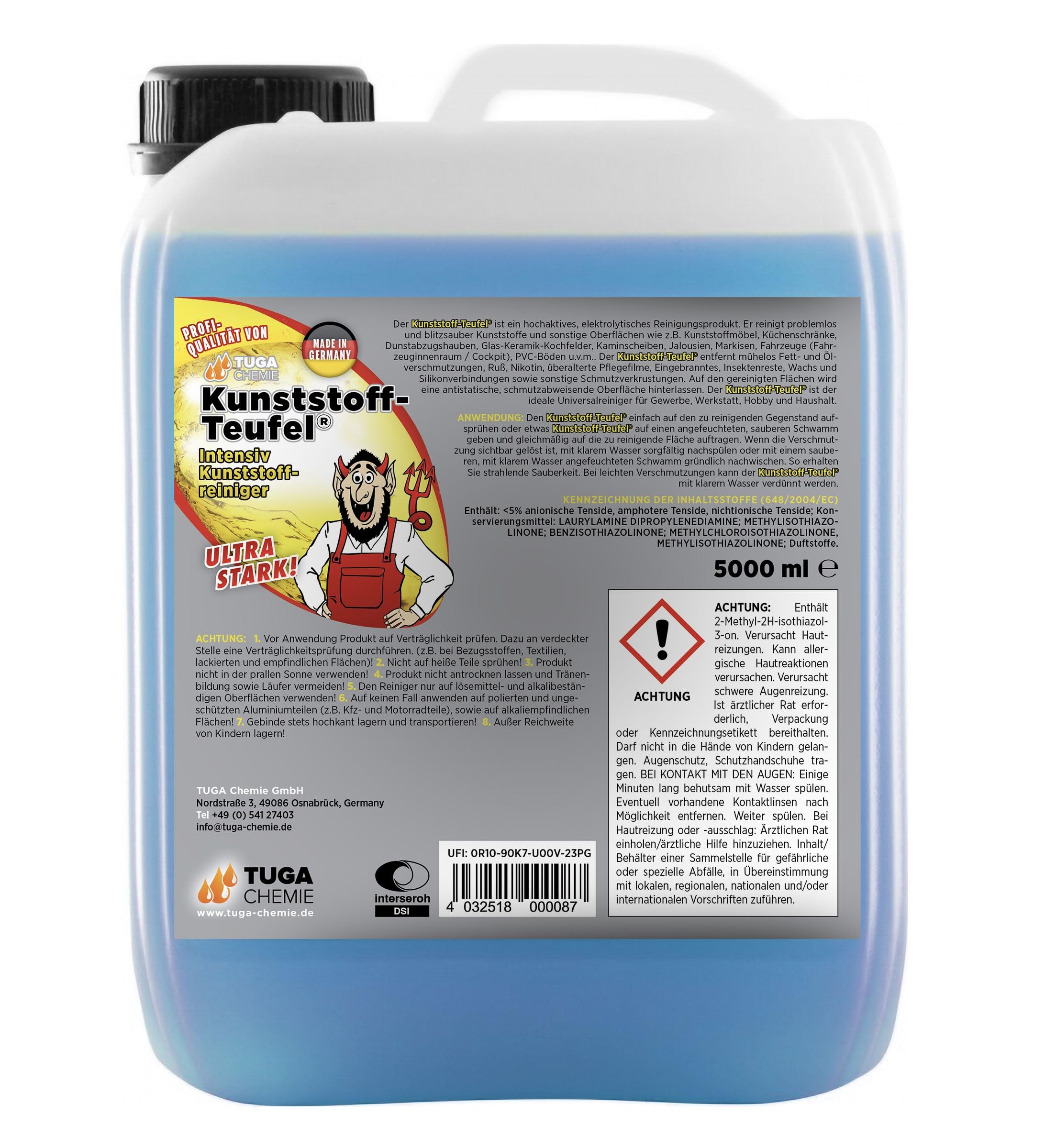 TUGA Chemie Kunststoff-Teufel - Hochwirksamer Kunststoffreiniger für Kfz und Industrie - Entfernt Schmutz, Öl, Fett in Profiqualität für Auto Boot und Werkstatt - 5 L Kanister - Made in Germany | Hochwirksamer Kunststoffreiniger für Kfz & Industrie - Entf