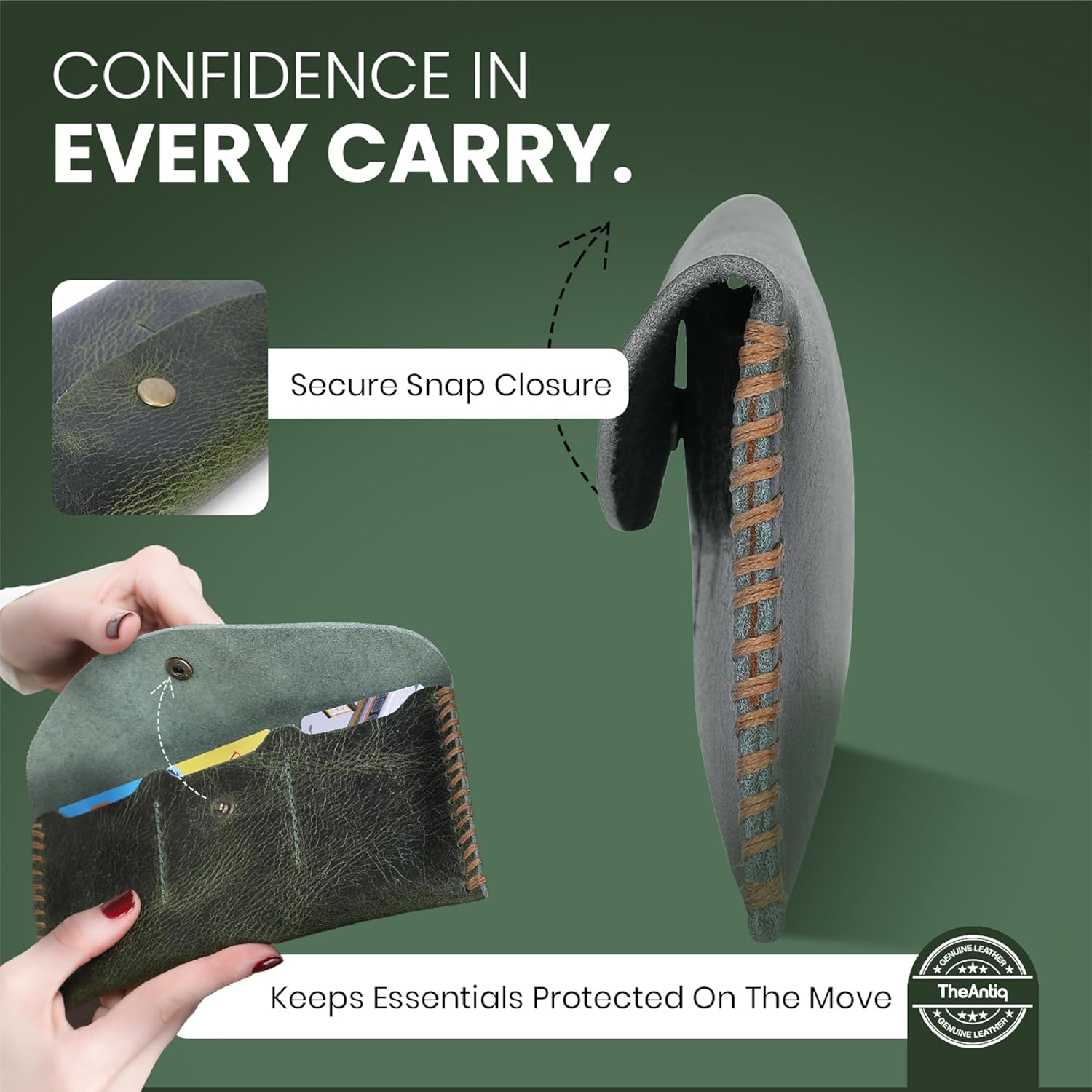 Green Leather Currency Pouch Money Bag with 3 Credit Card Wallet | Genuine Leather Currency Organiser For Men & Women | Handmade Dollar Bills Organiser Money Pouch Cash Bag - Image 7