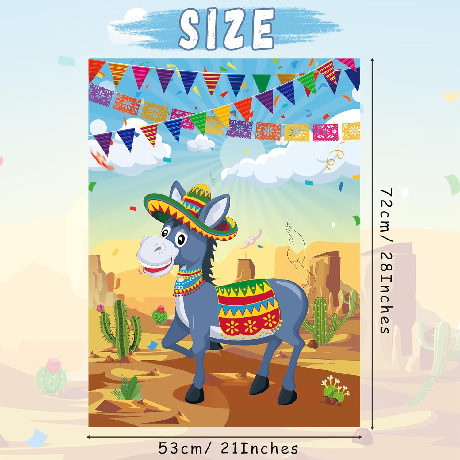 Pin The Tail On The Donkey Mexican Donkey Party Games Poster with 30 Pcs Tails Stickers for Kids Birthday Mexican Fiesta Carnival Party Favors