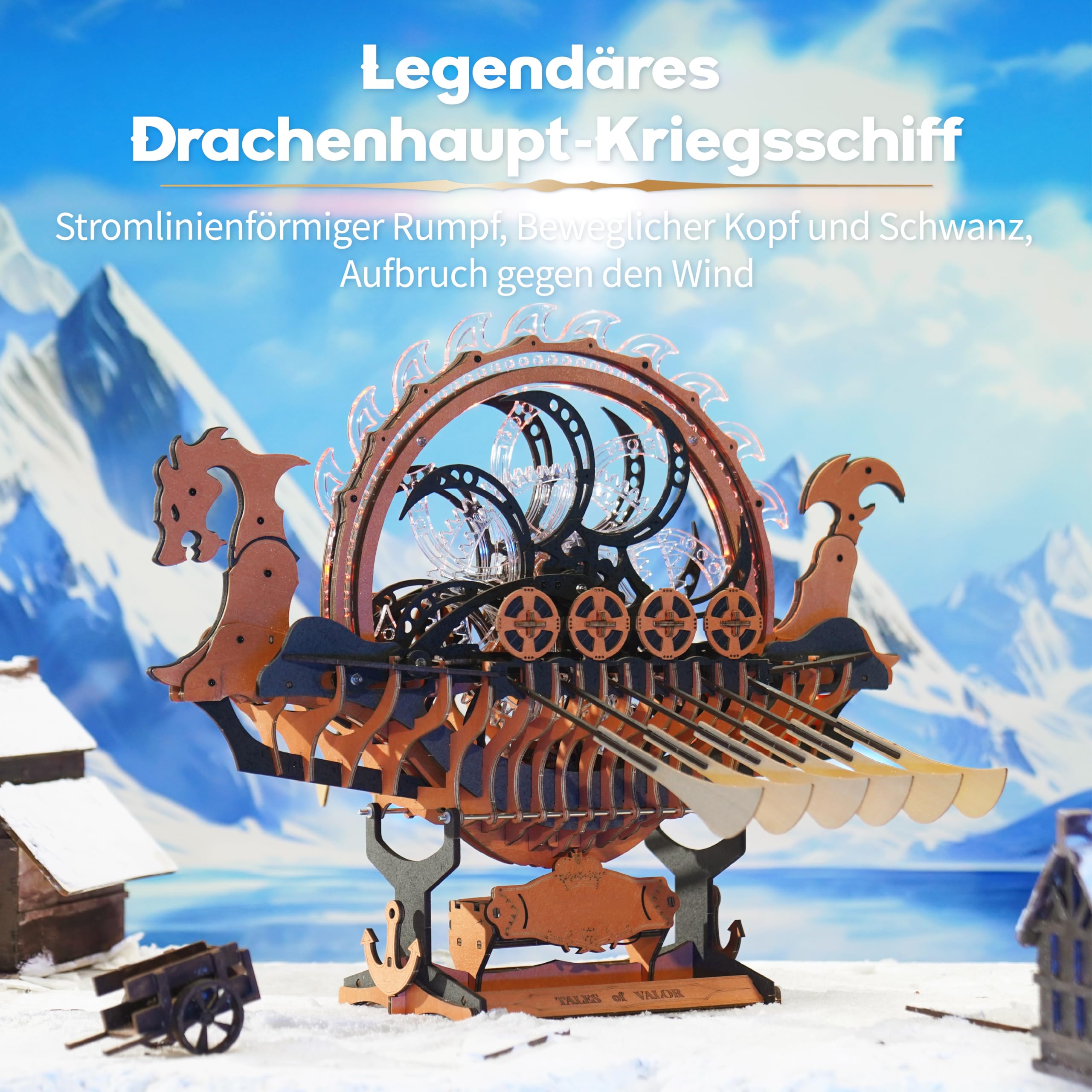ROBOTIME Holzpuzzle Erwachsene Modellbausatz Schiff, 3D Puzzle Holz Holzpuzzle Erwachsene, Wikingerschiff mit Motor und LED-Leuchten, Mechanischer Zahnradantrieb, Geschenke Drachenschiff LK802