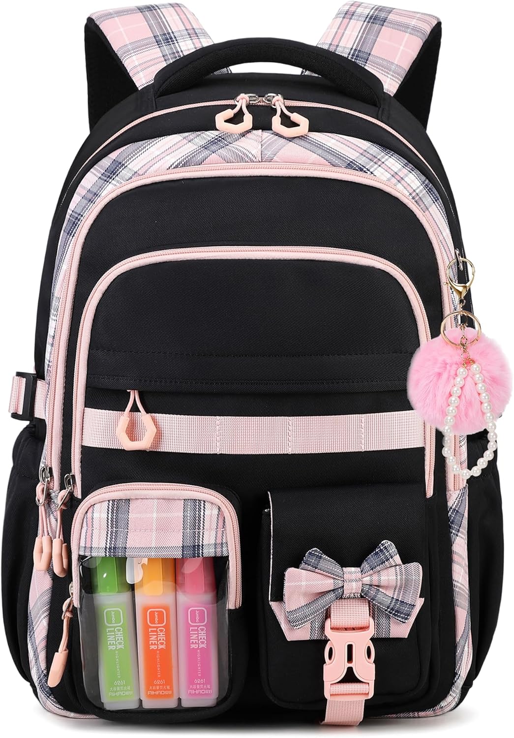 Girls Backpack, 17-Inch Bookbag for Middle & Elementary School, Kawaii Kids Backpack for Girls Ages 6-12(Black Pink)