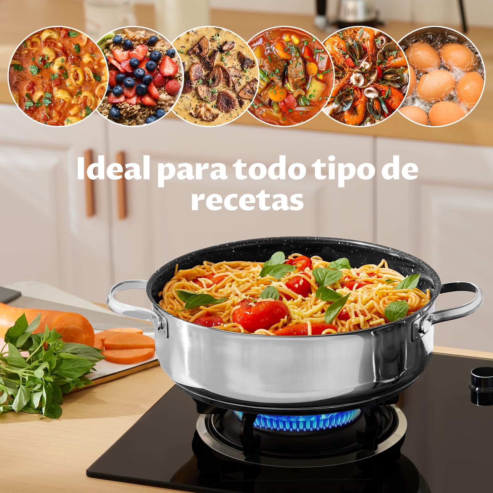 BEZIA Cacerola Baja Inducción 5.2 L Acero Inoxidable 18/10 Tapa Cristal | Bordes altos para todo tipo de cocinas y horno. Antiadherente sin PFOS, ideal para guisar, freír, asar y cocinar a diario