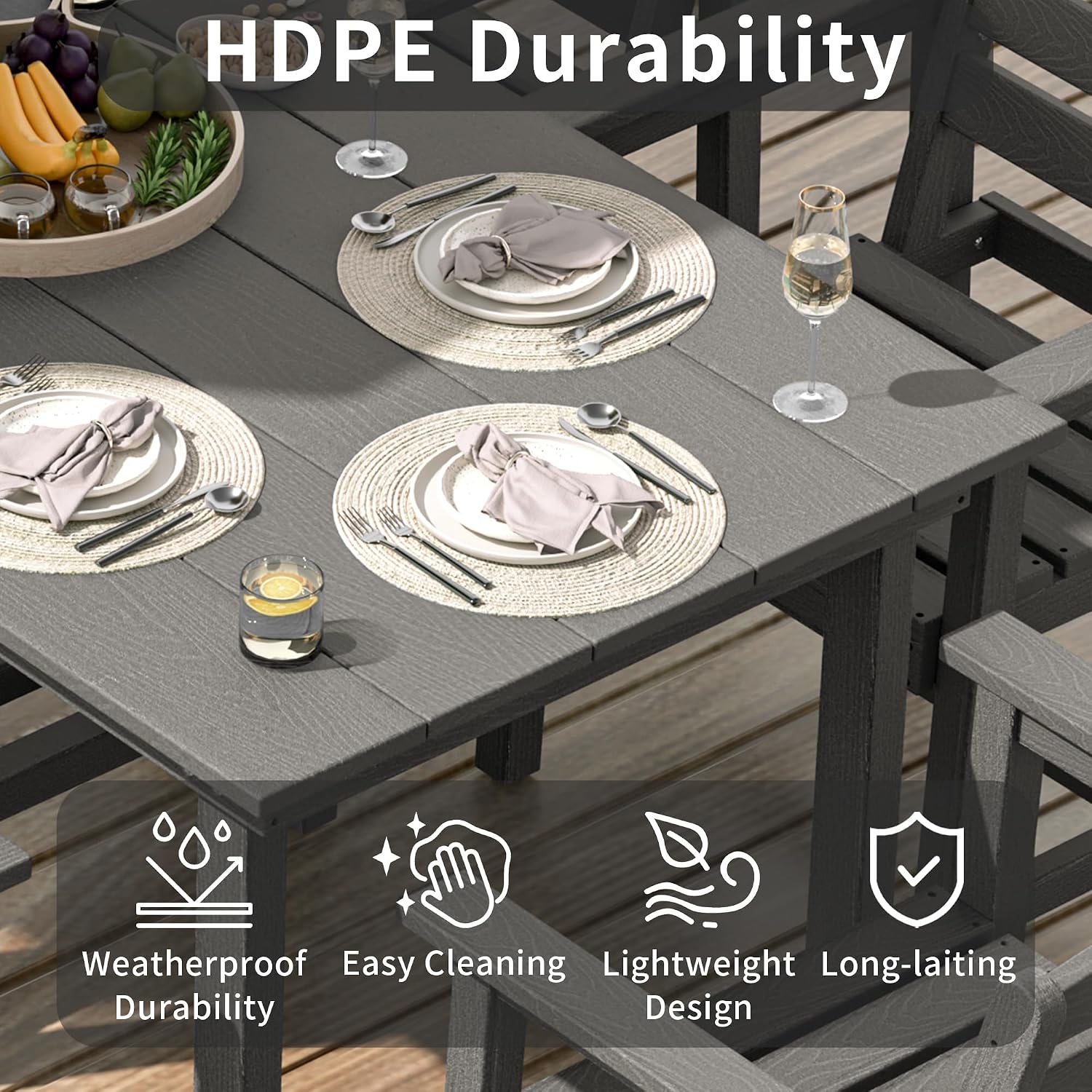 Outdoor Patio Dining Sets 7-Piece, HDPE Dining Furniture Set for 6, 2 in 1 Detachable Table with 6 Chairs Set for Garden, Backyard, Poolside, Lawn (Grey, 7 Piece)