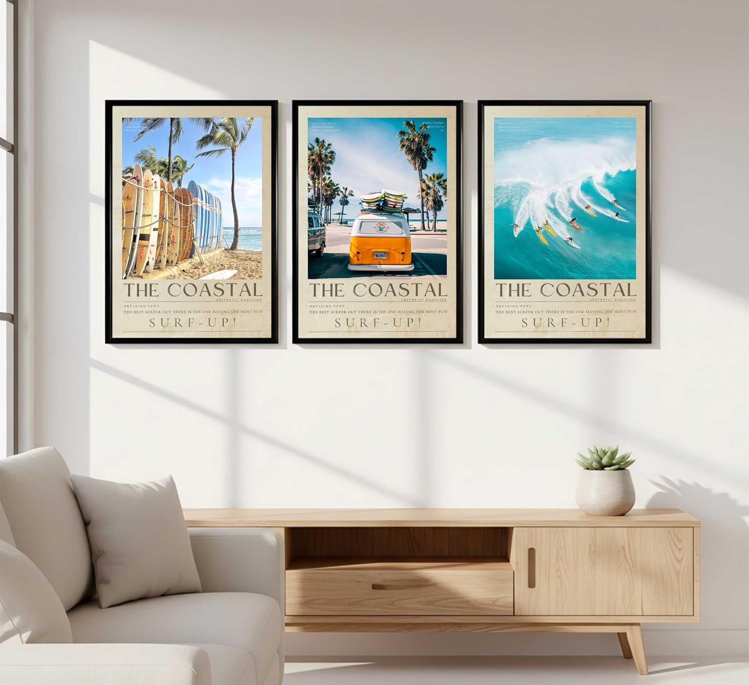 3 Piece Canvas Wall Art,Coastal Surfing Magazine Style Painting, Beach Surfboard Van Picture Poster Prints Artwork for Home Wall Decor 16x24 Inch Unframed