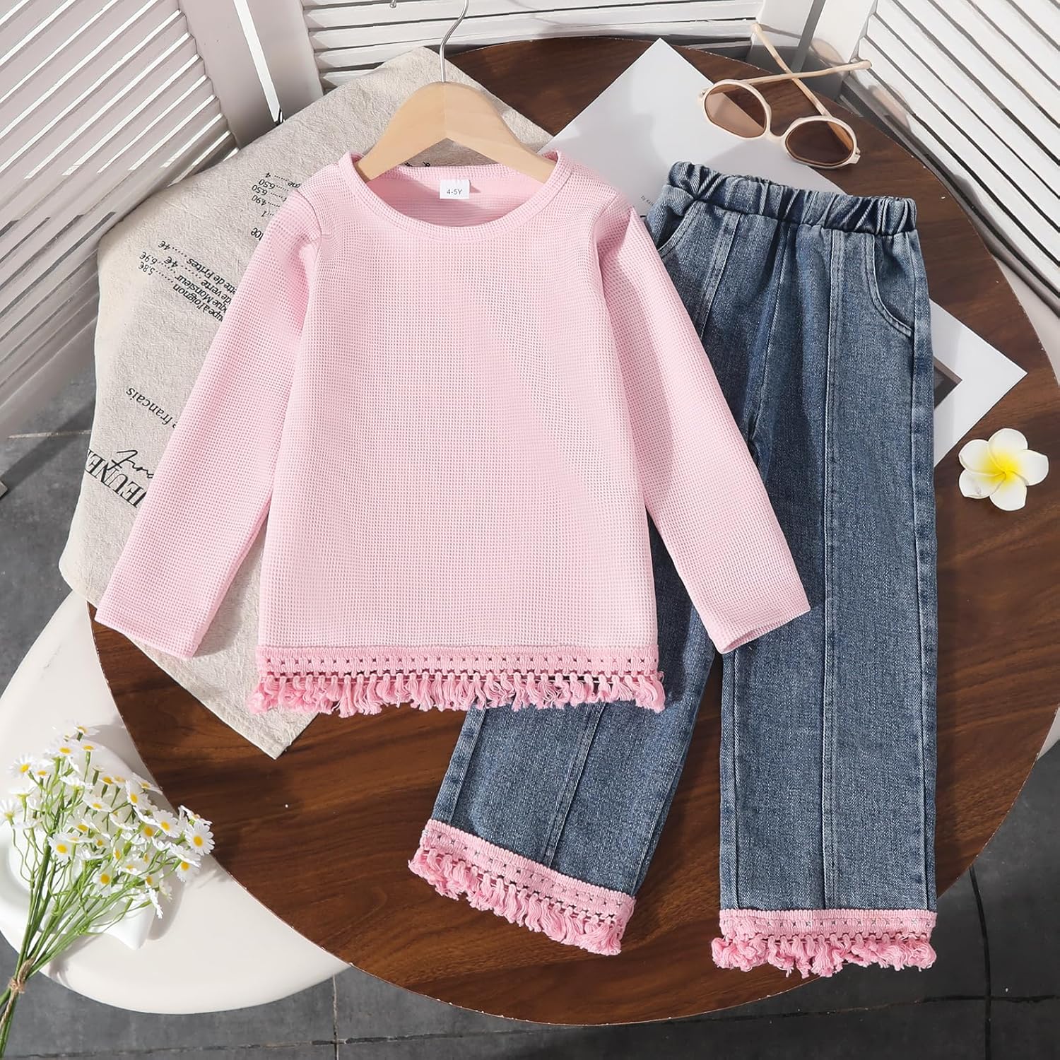3-7 Years Toddler Girls Pants Set - Tassel Top & Washed Denim Pants Fall Winter Clothing Outfits Set for Girls - Image 6