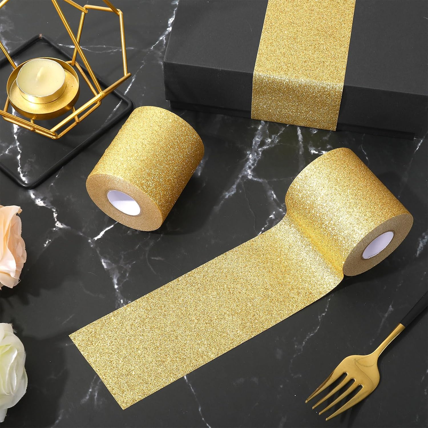 Whaline 2 Rolls 2.5 Inch Wide Gold Glitter Washi Tape Decorative Adhesive Masking Tape for DIY Crafts Scrapbook Journal Planner Gift Wrapping Supplies, Total 65.6 Ft