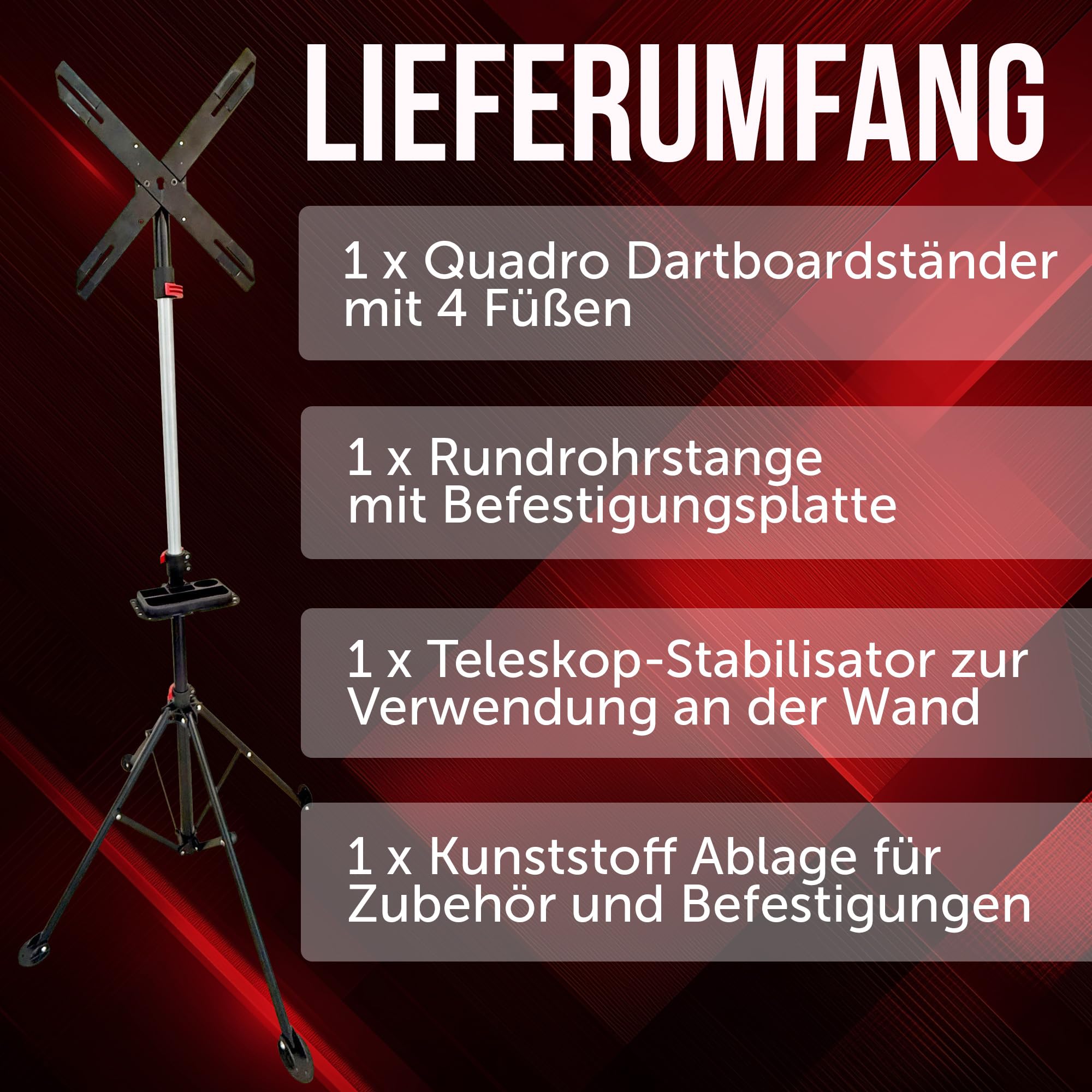 Dartscheibe Ständer mit 4 Füßen, mobiler Dartständer höhenverstellbar, für Sisal und elektronische Dartboards, mit Zubehörablage