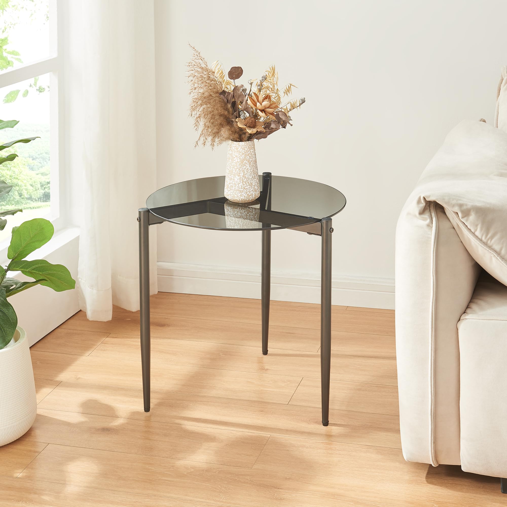 [en.casa] Table d'Appoint avec Plateau Rond en Verre Fumé Petite Table Basse Bout de Canapé Guéridon Chevet pour Salon Chambre Bureau Acier 50 x 50 cm Gris