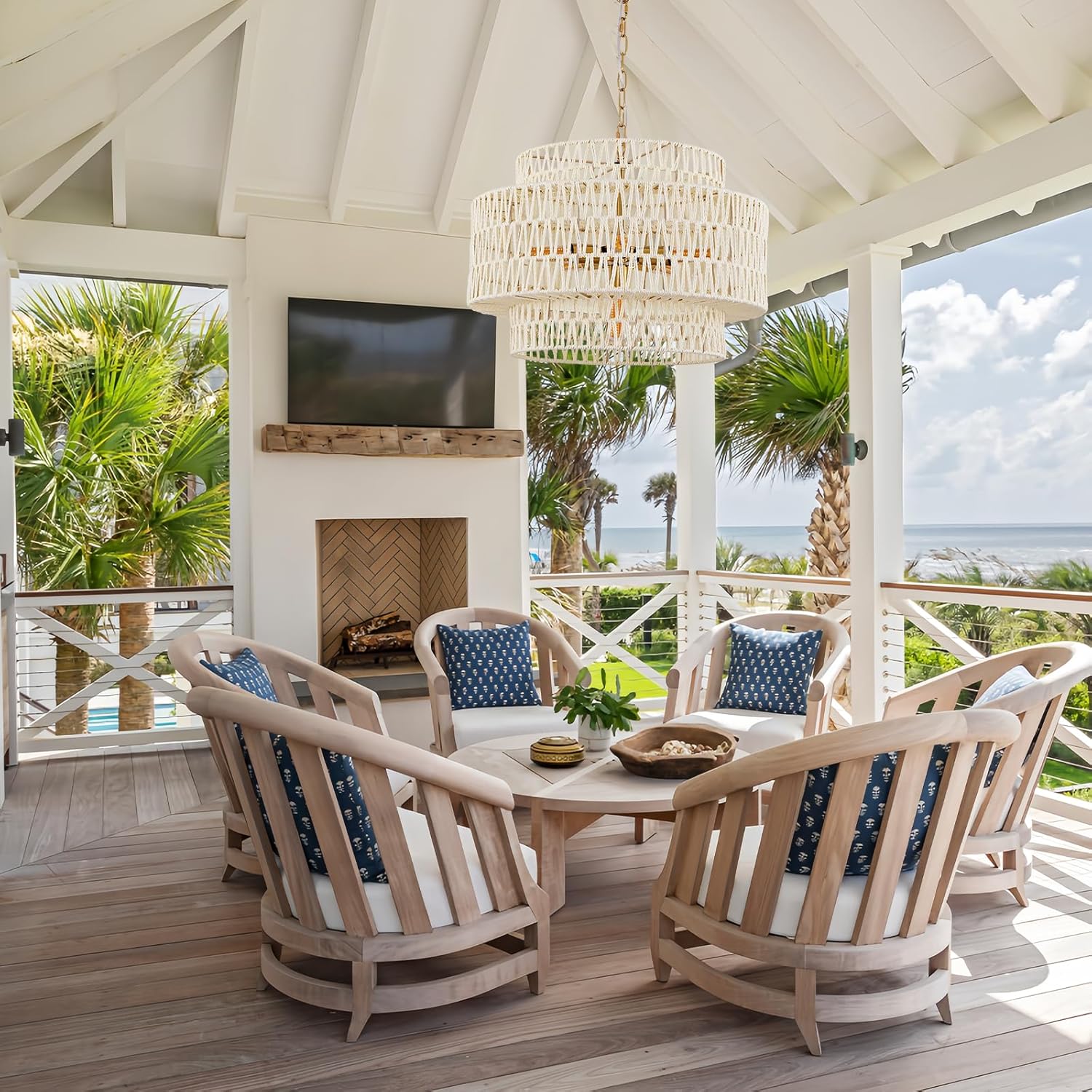 22.83in White Rattan Large Chandelier 3-Tiers Light, 6-Light Hand-Woven Boho Pendant Light Fixtures for Dining Room Living Room Bedroom Kitchen Island Sunroom Foyer Restaurant